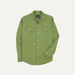 Green Brushed Cotton Twill Camp Collar Long Sleeve Shirt