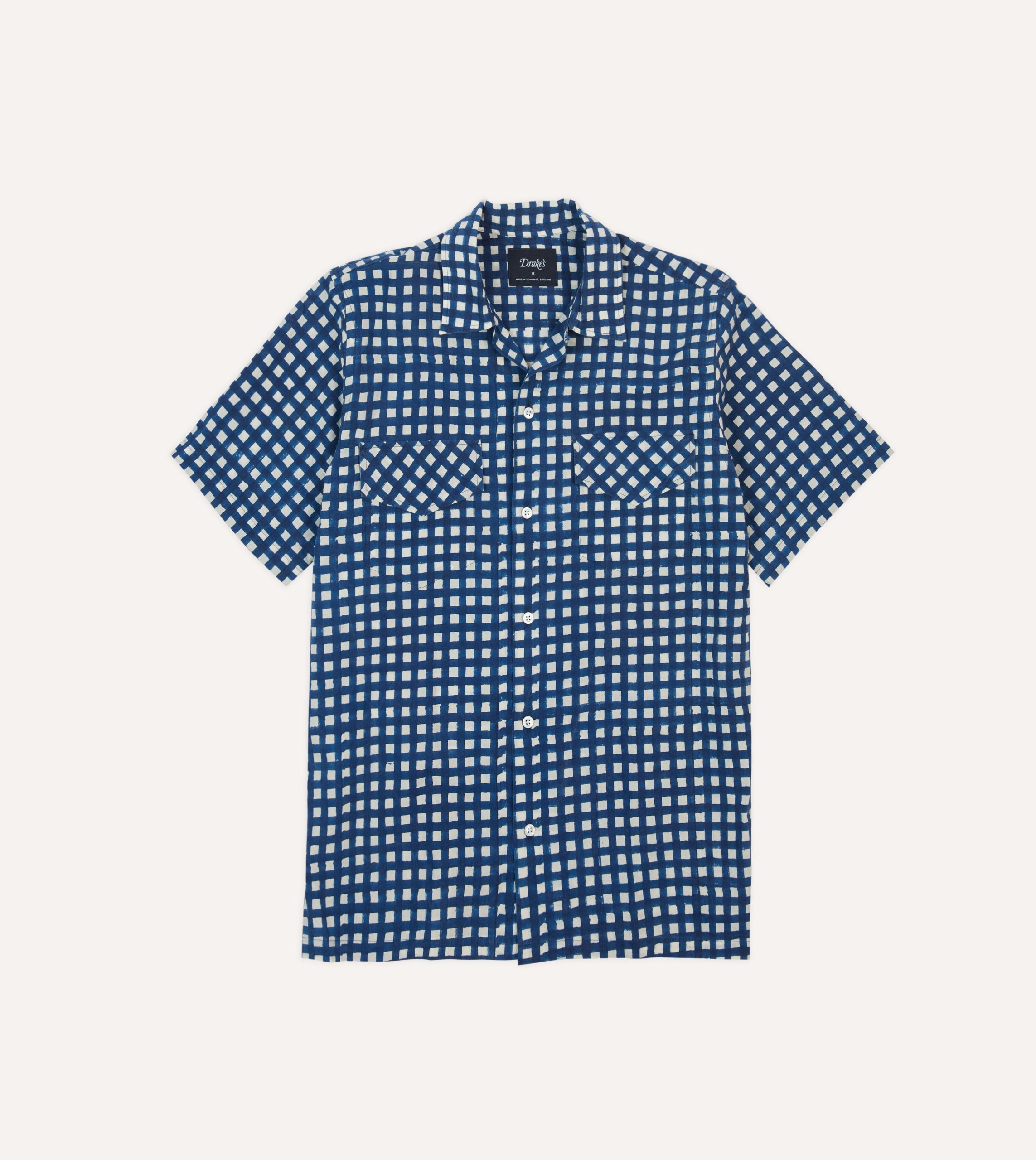 Navy Gingham Check Block Print Cotton Camp Collar Short Sleeve Shirt