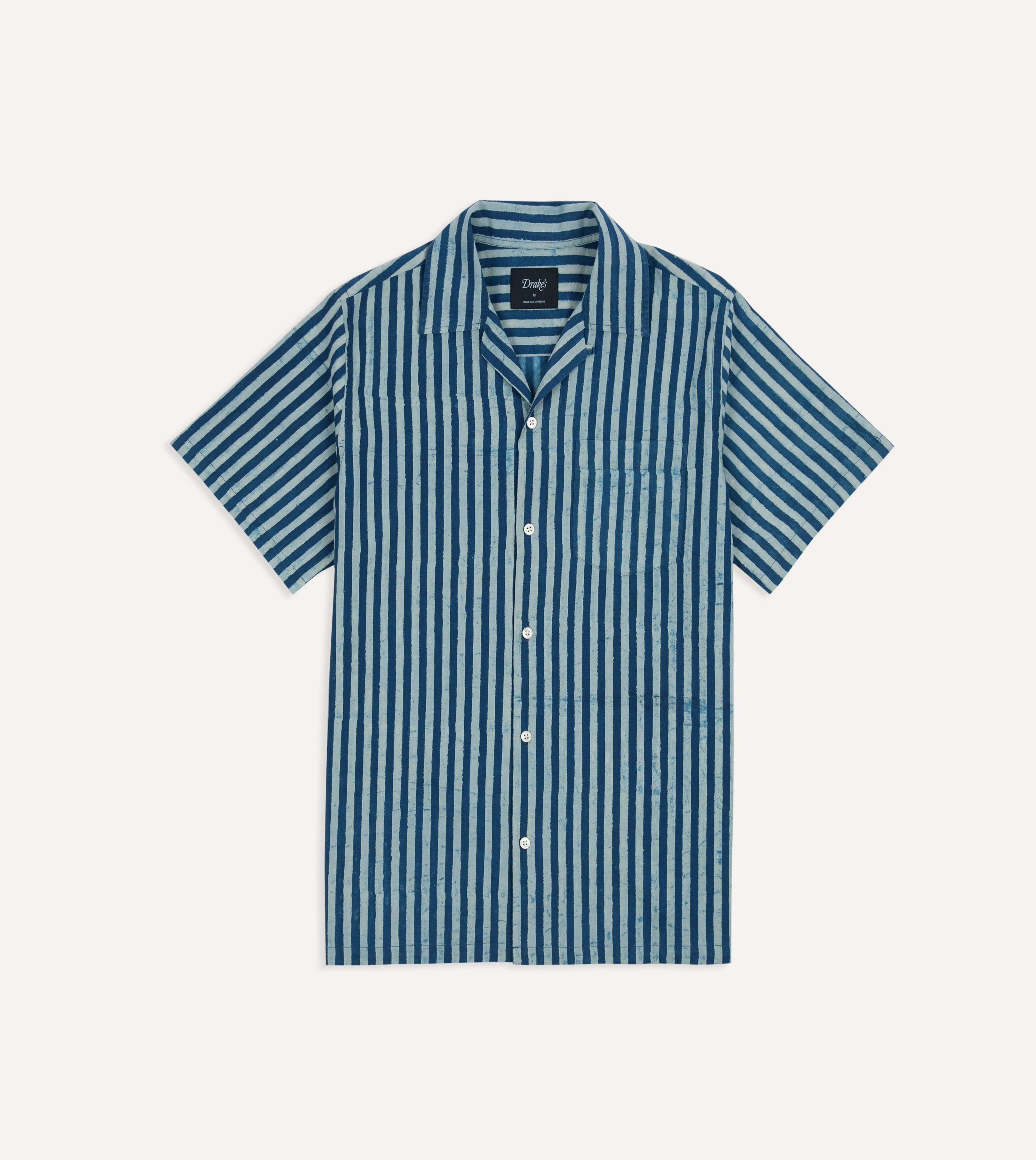 Indigo Stripe Block Print Cotton Camp Collar Short Sleeve Shirt