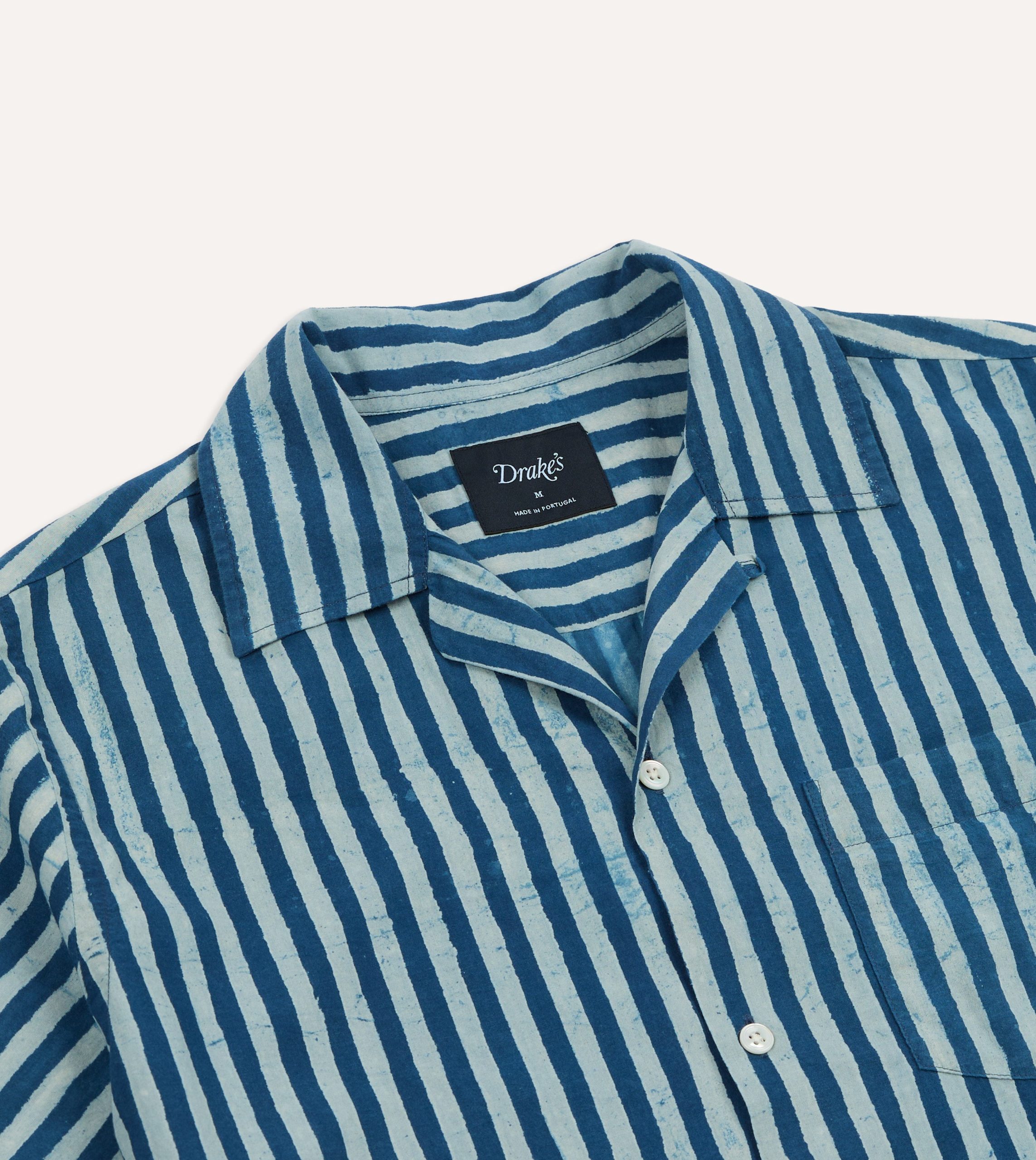 Indigo Stripe Block Print Cotton Camp Collar Short Sleeve Shirt - Image 3