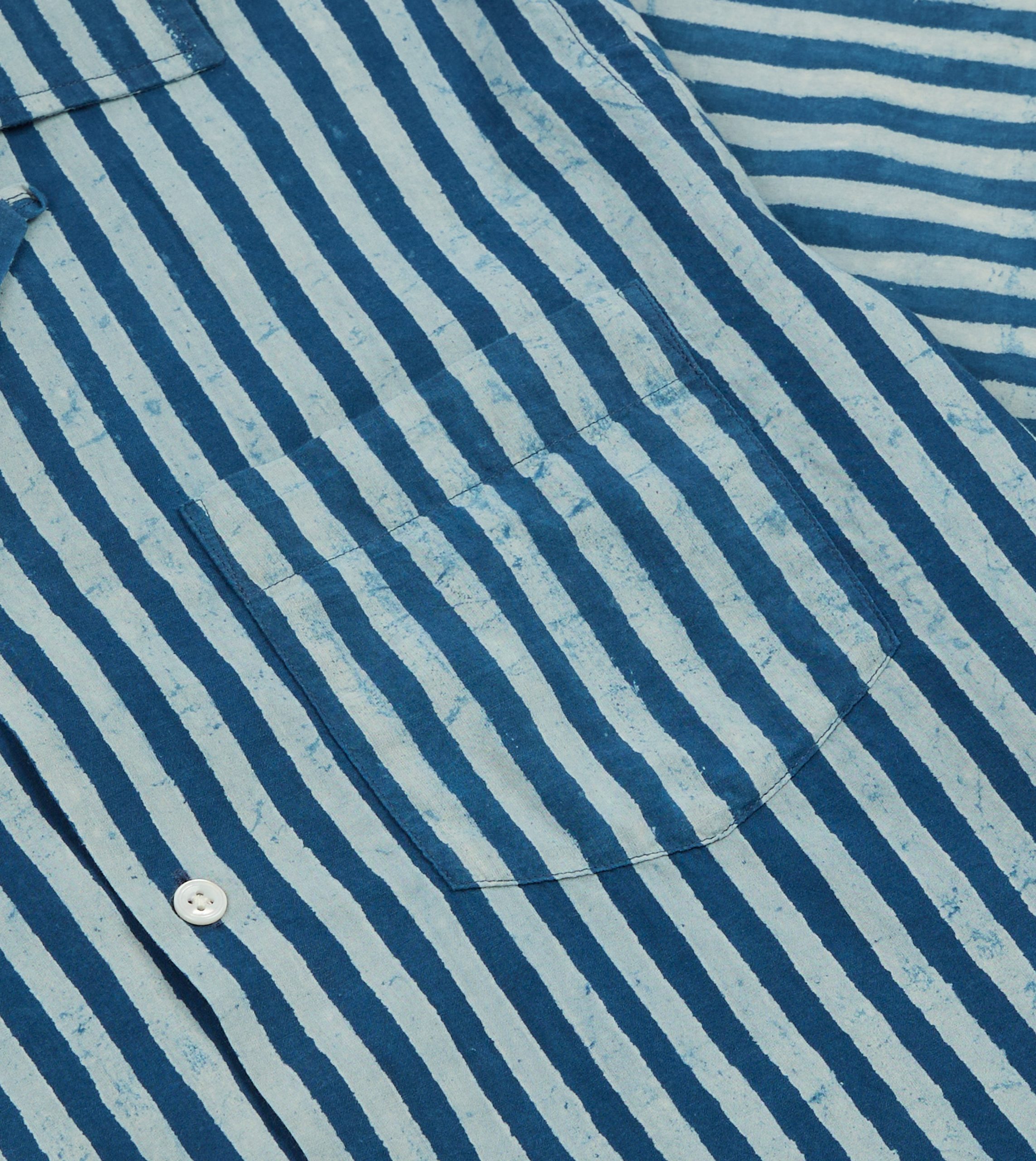 Indigo Stripe Block Print Cotton Camp Collar Short Sleeve Shirt - Image 4