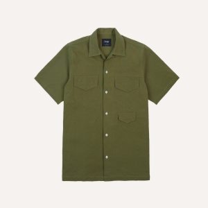 Olive Cotton-Linen Camp Collar Three Pocket Short Sleeve Shirt