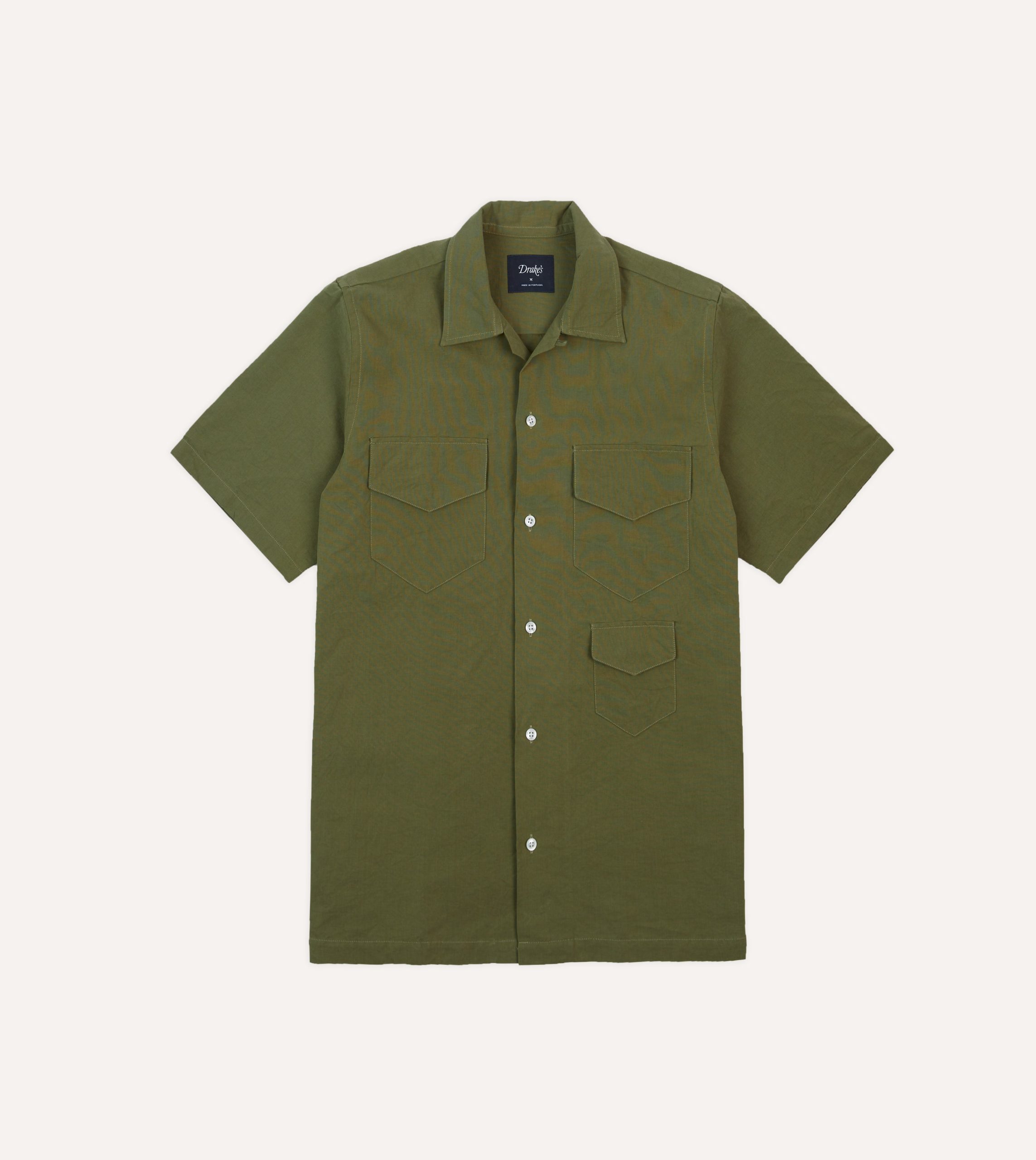 Olive Cotton-Linen Camp Collar Three Pocket Short Sleeve Shirt