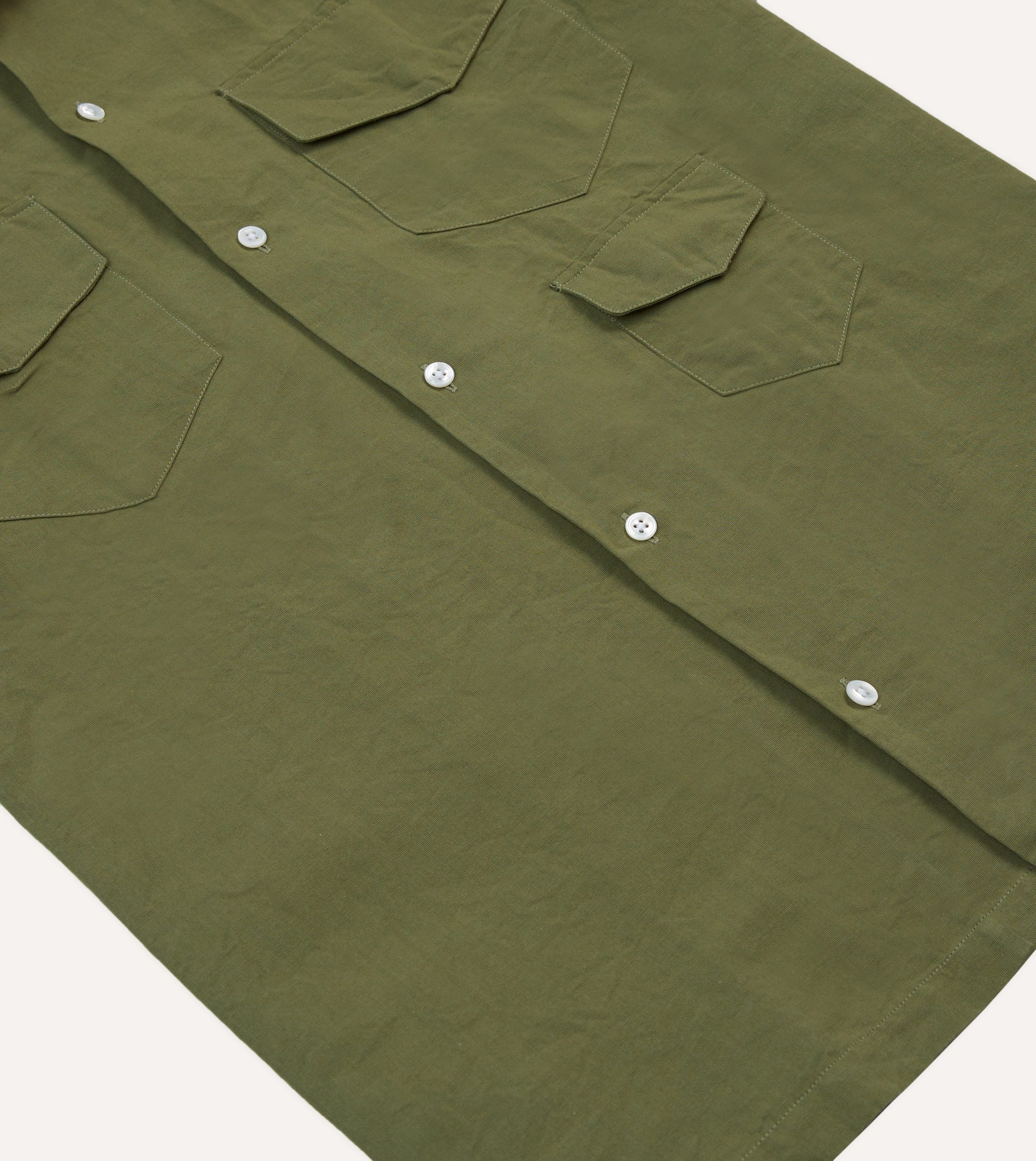 Olive Cotton-Linen Camp Collar Three Pocket Short Sleeve Shirt - Image 5