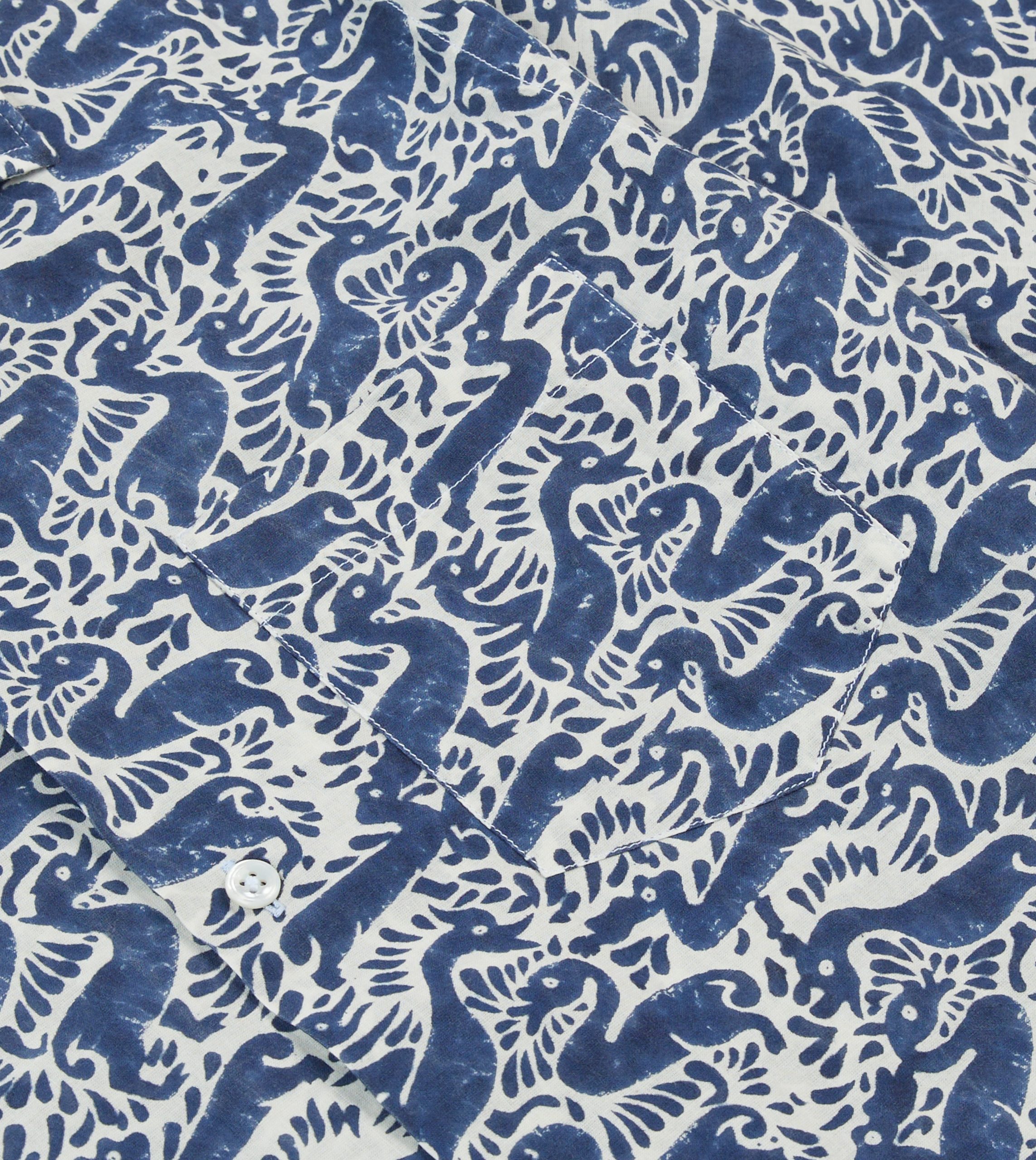 Navy Duck Block Print Cotton Camp Collar Short Sleeve Shirt - Image 4