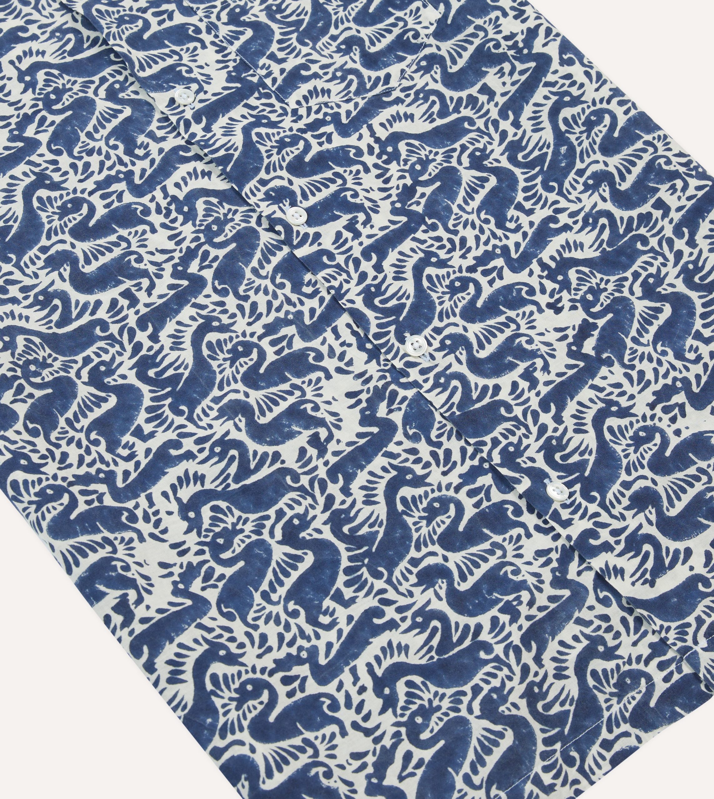 Navy Duck Block Print Cotton Camp Collar Short Sleeve Shirt - Image 5