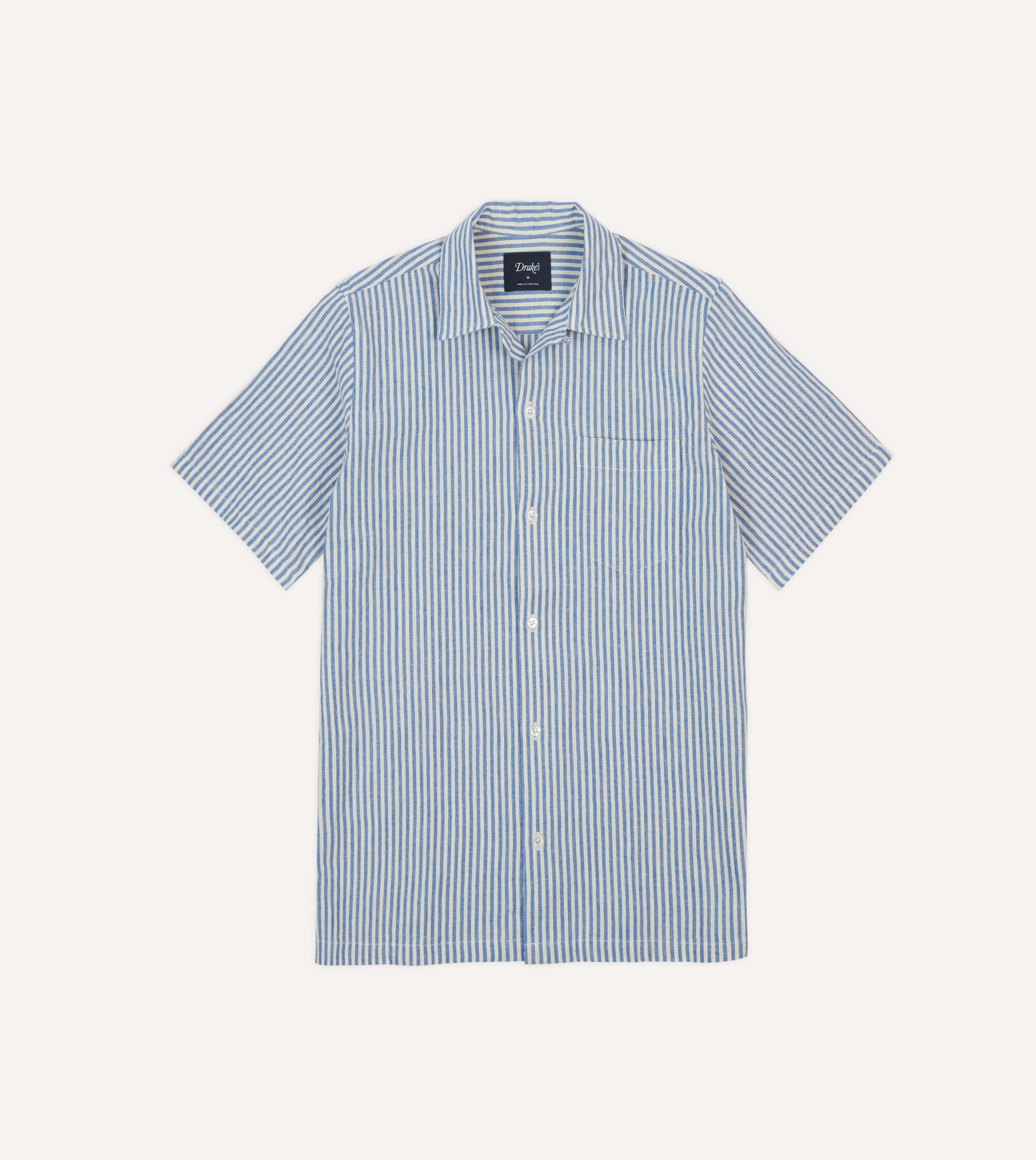Blue and White Stripe Cotton-Linen Camp Collar Short Sleeve Shirt