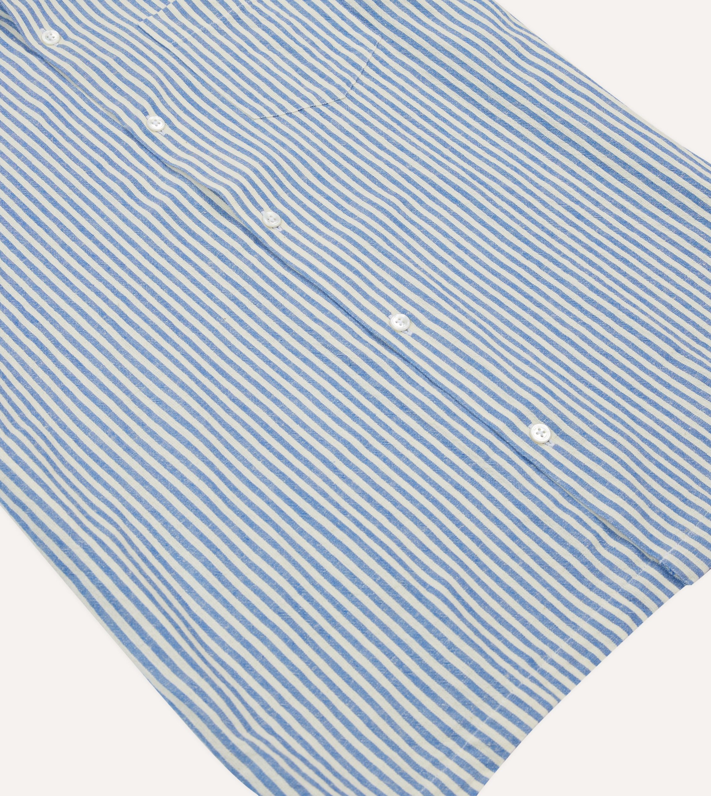 Blue and White Stripe Cotton-Linen Camp Collar Short Sleeve Shirt - Image 5