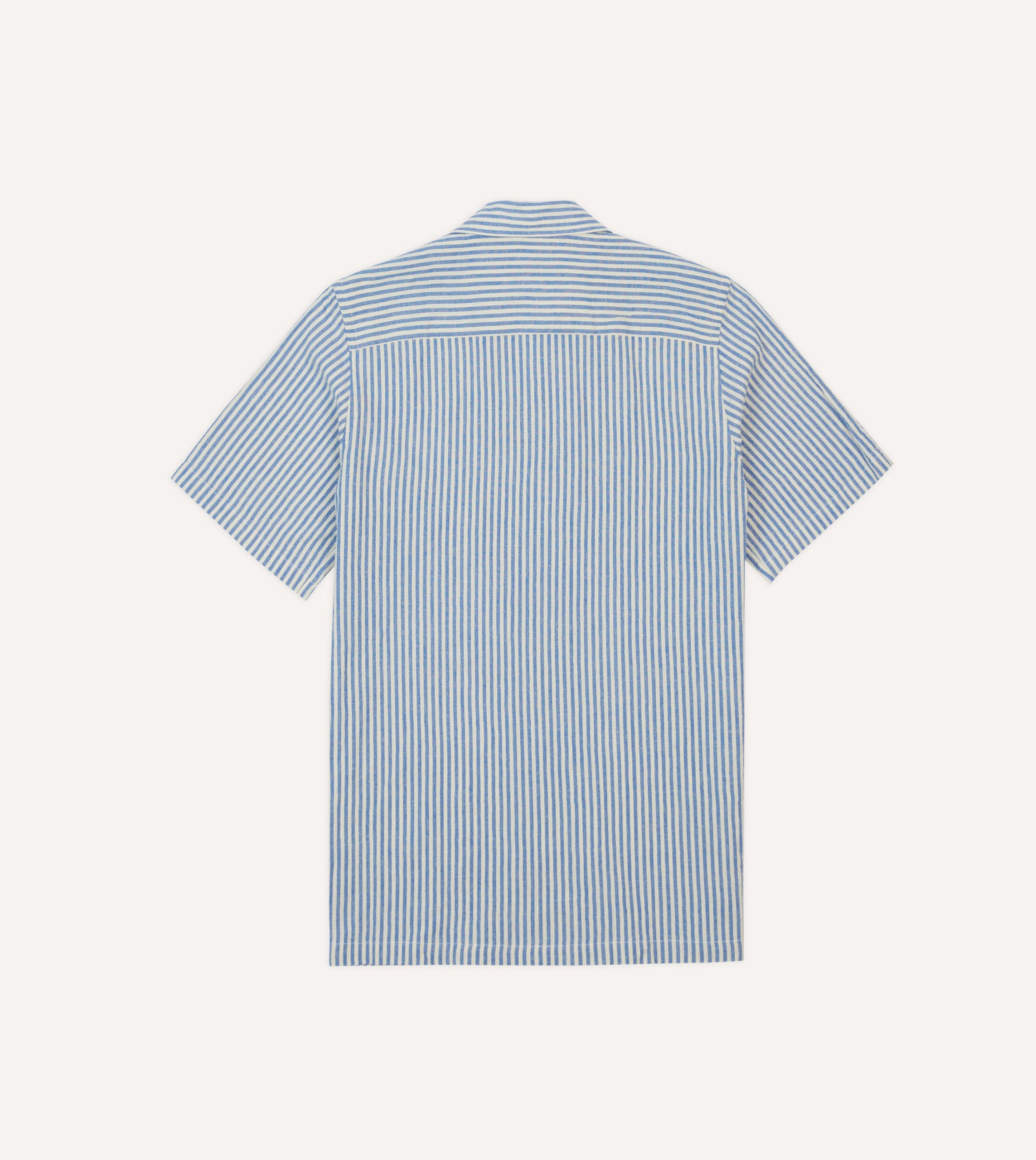 Blue and White Stripe Cotton-Linen Camp Collar Short Sleeve Shirt - Image 6