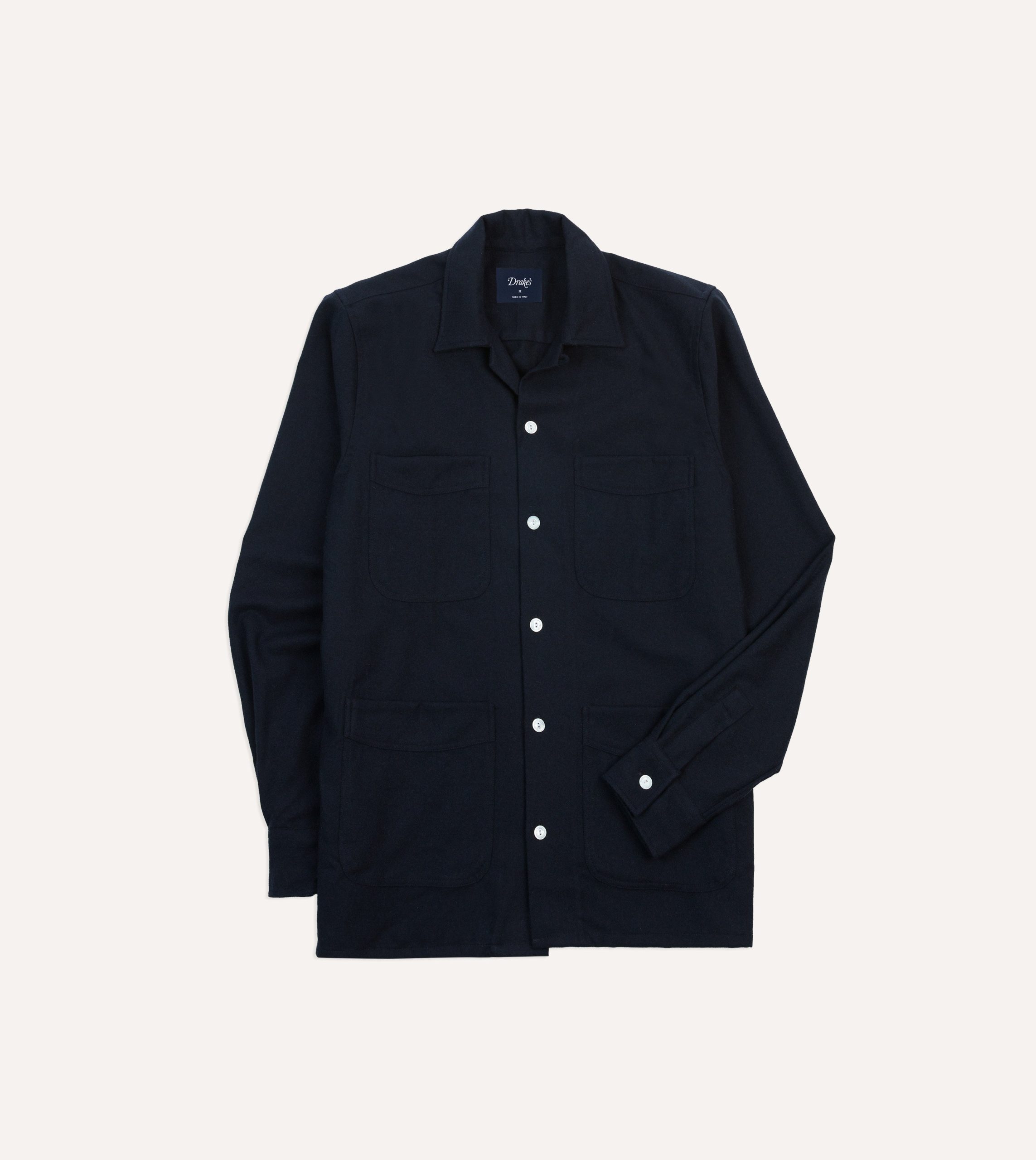 Navy Wool Four-Pocket Camp Collar Work Shirt