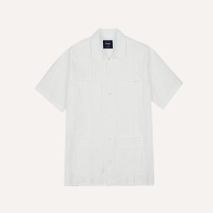 White Cotton-Linen Short Sleeve Cuban Shirt