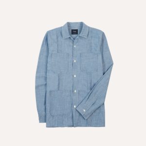 Bleach Wash Chambray Cotton Long Sleeve Cuban Shirt