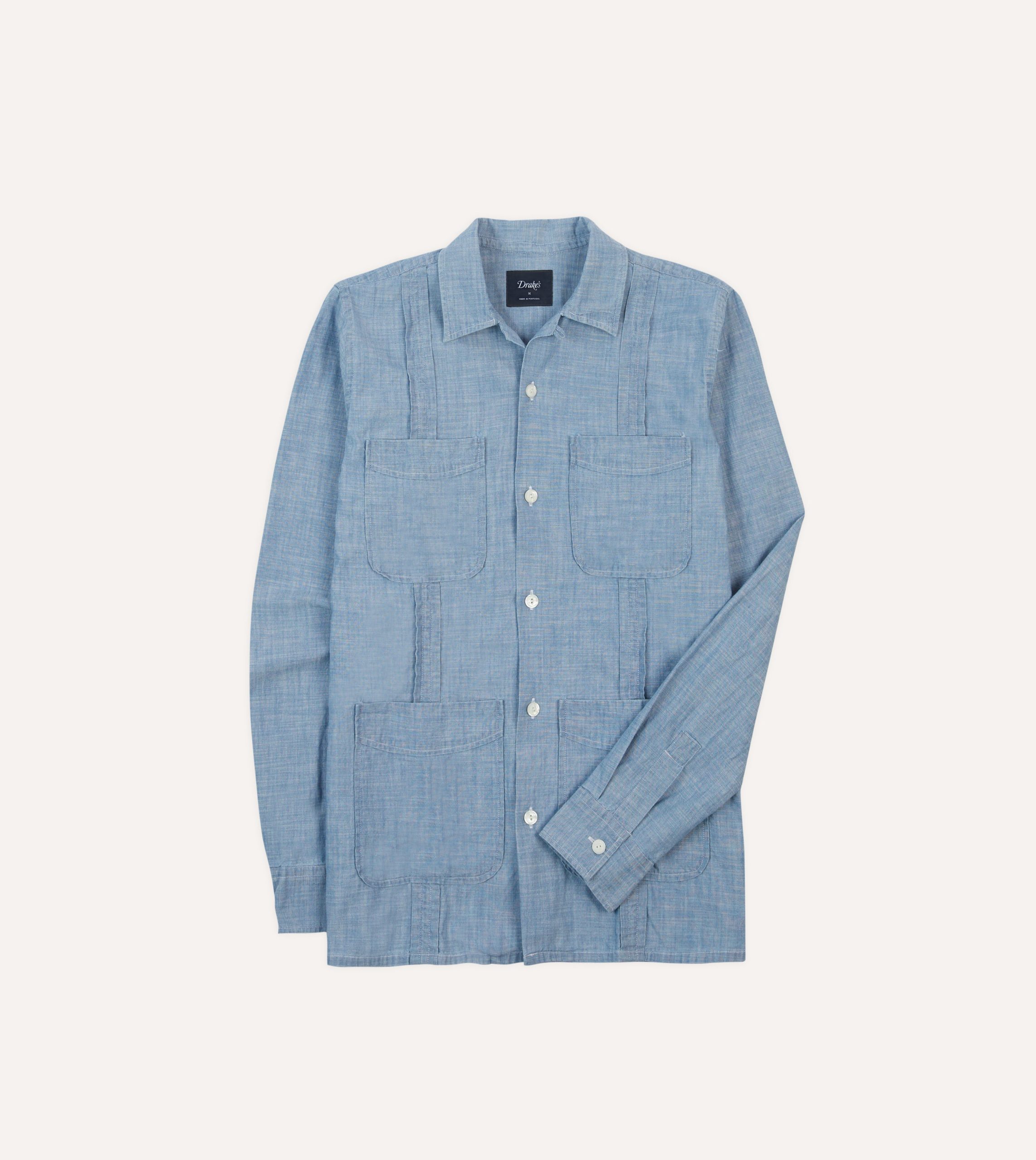 Bleach Wash Chambray Cotton Long Sleeve Cuban Shirt