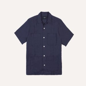 Navy Linen Short Sleeve Cuban Shirt