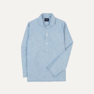 Blue Cotton Chambray Spread Collar Popover Shirt