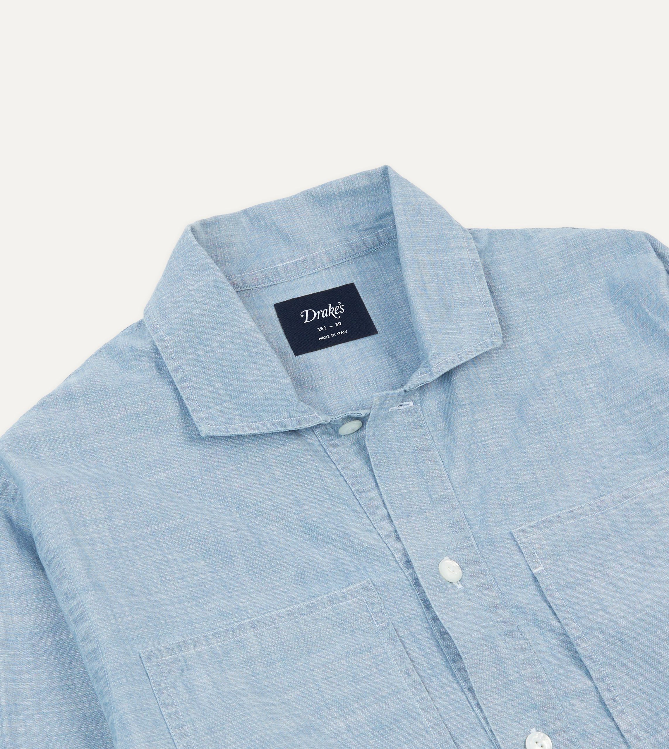 Blue Cotton Chambray Spread Collar Popover Shirt - Image 3