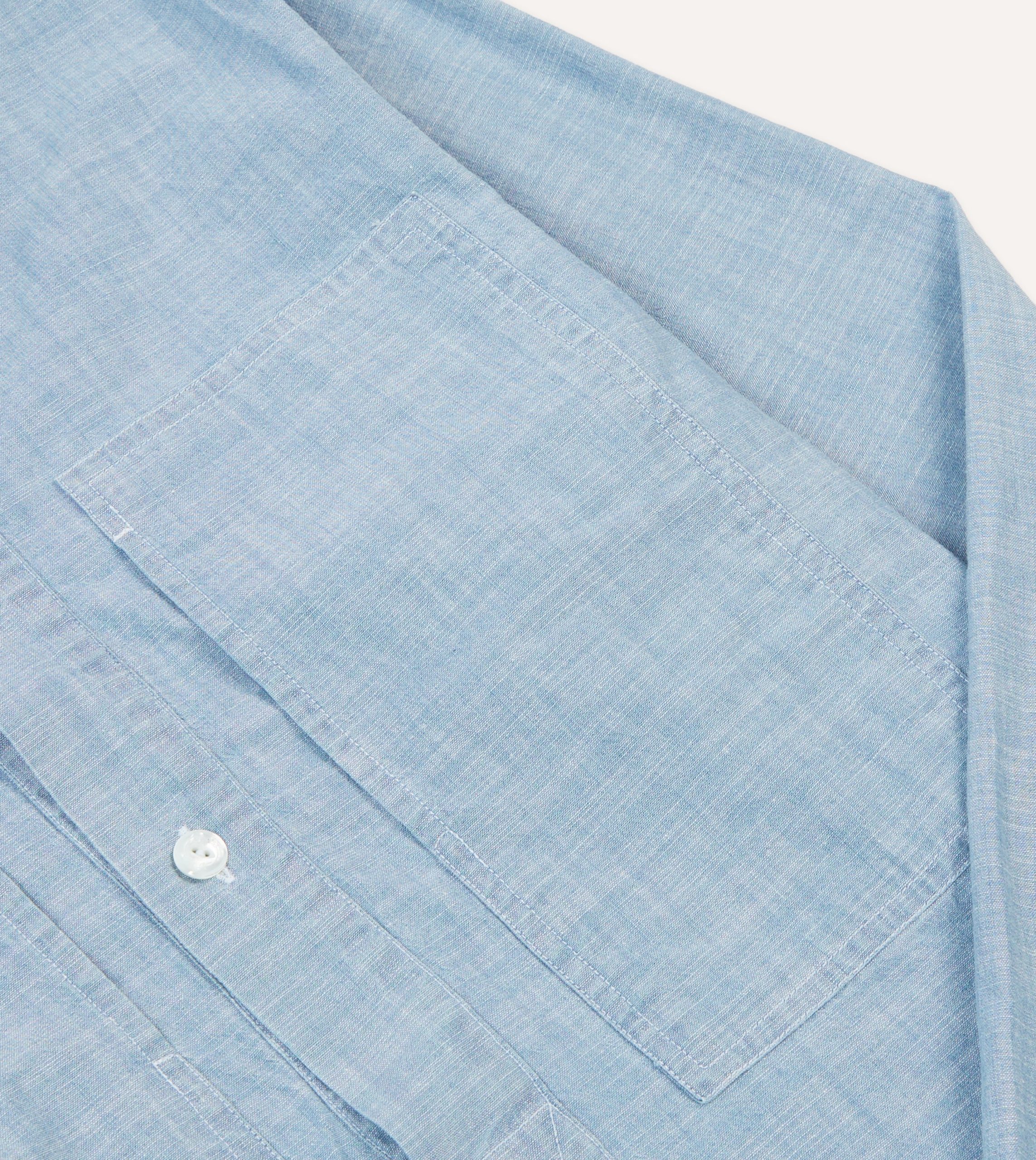 Blue Cotton Chambray Spread Collar Popover Shirt - Image 4