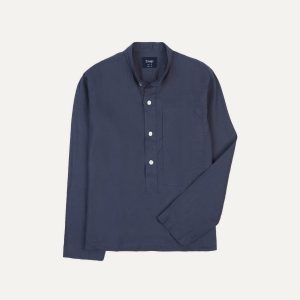 Navy Linen Mandarin Collar Popover Shirt
