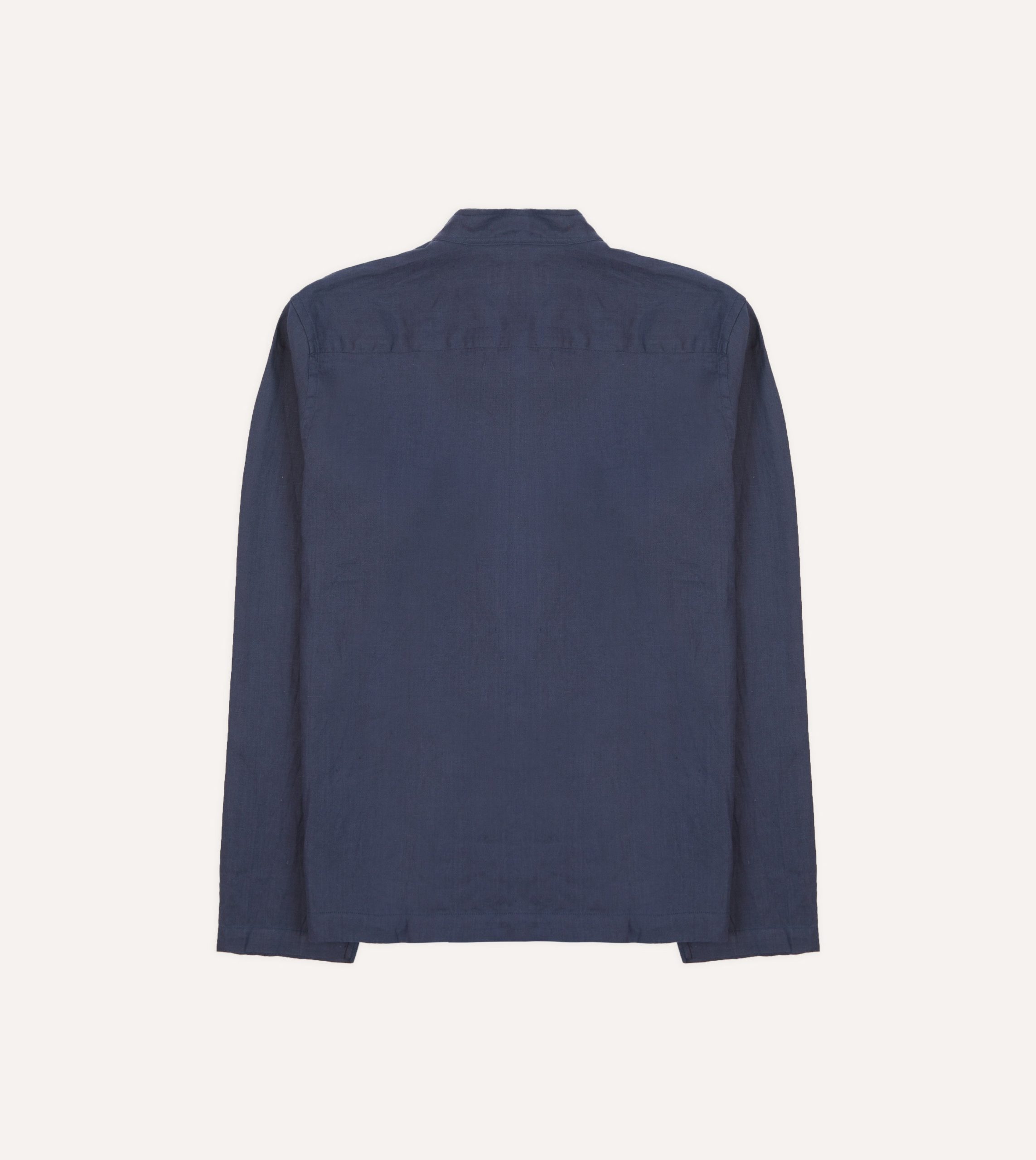 Navy Linen Mandarin Collar Popover Shirt - Image 6