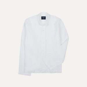 White Linen Mandarin Collar Popover Shirt