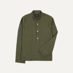 Olive Linen Mandarin Collar Popover Shirt