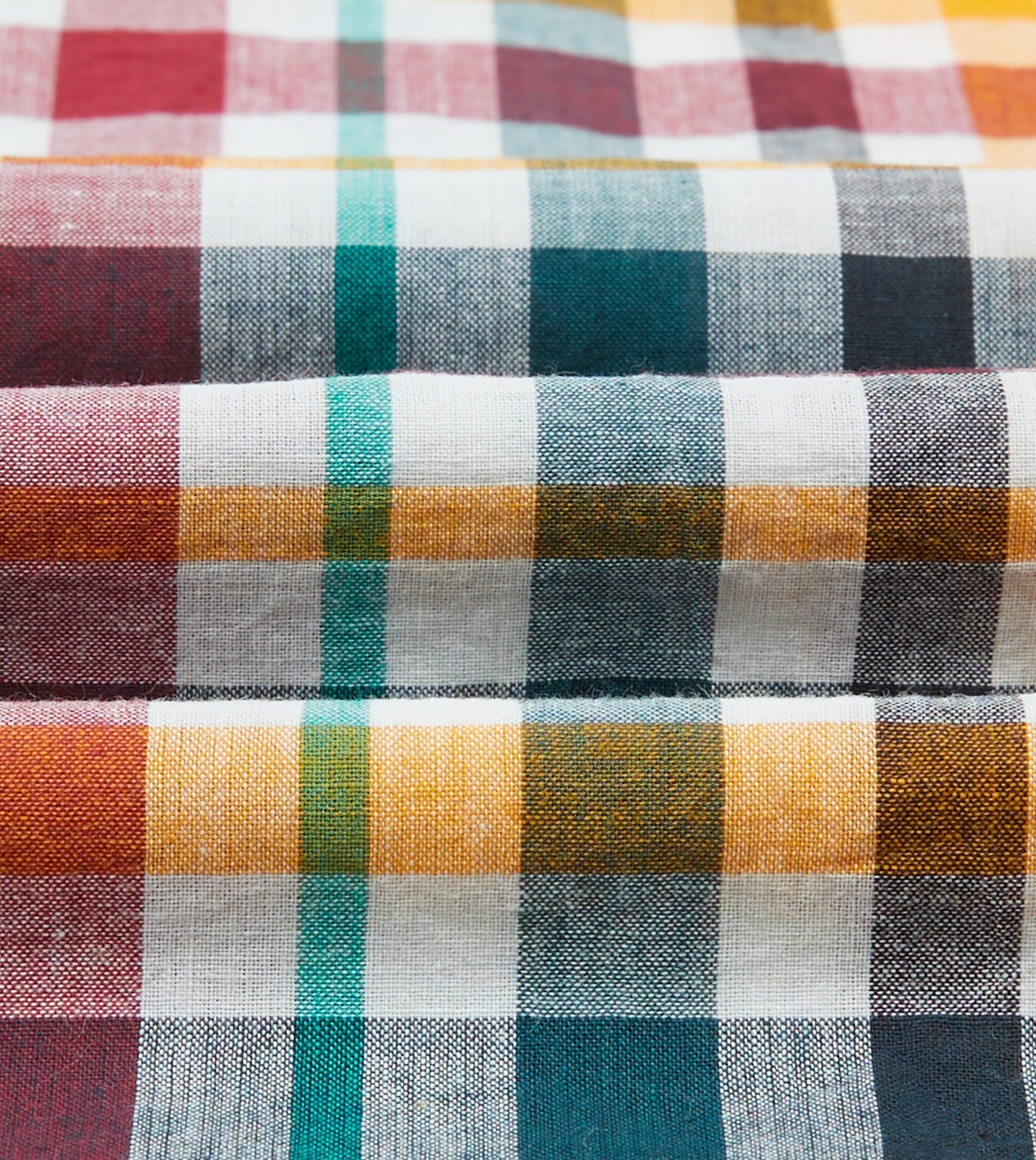 Red. Blue and Green Madras Check Cotton Mandarin Collar Popover Shirt - Image 2