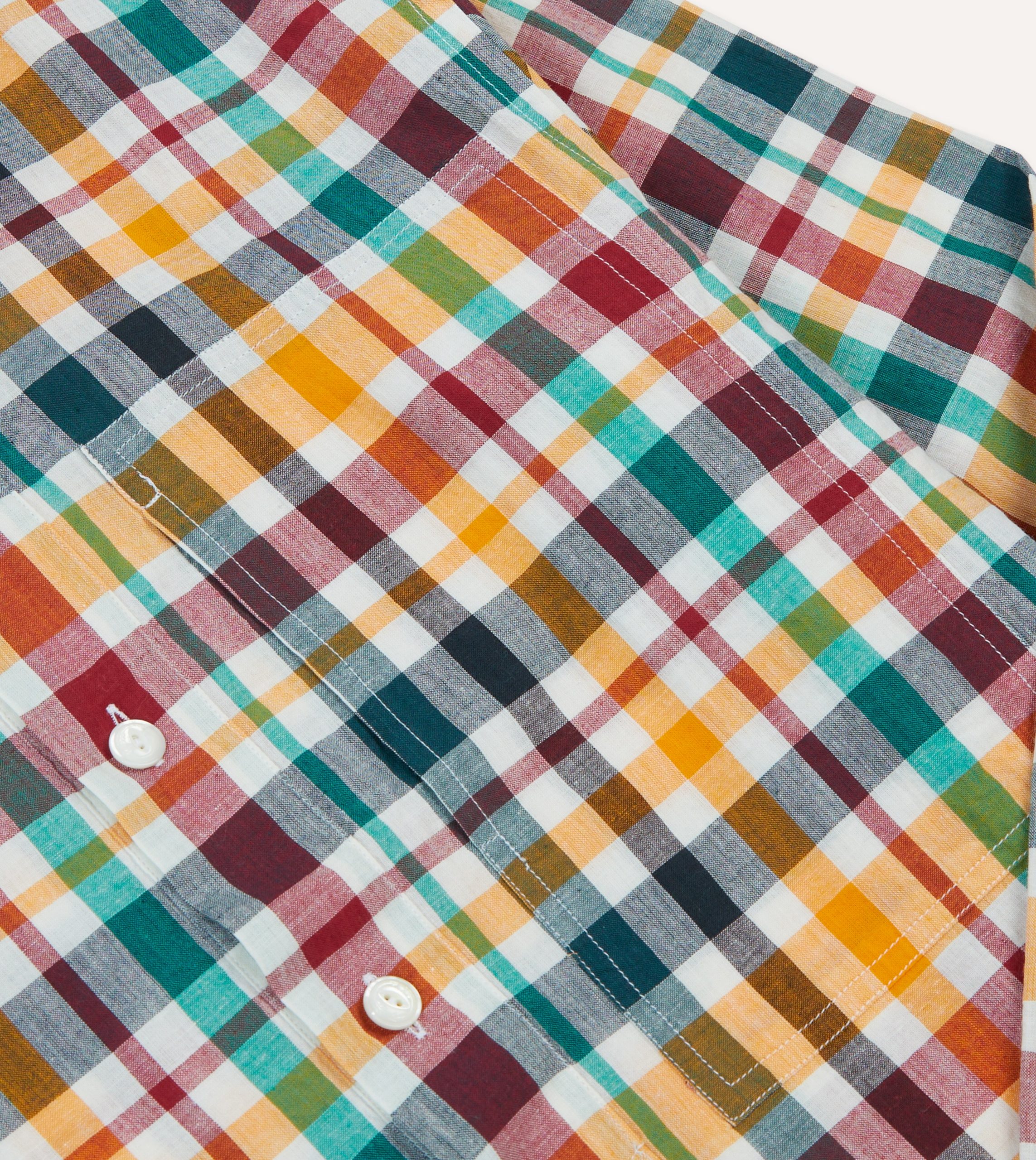 Red. Blue and Green Madras Check Cotton Mandarin Collar Popover Shirt - Image 4