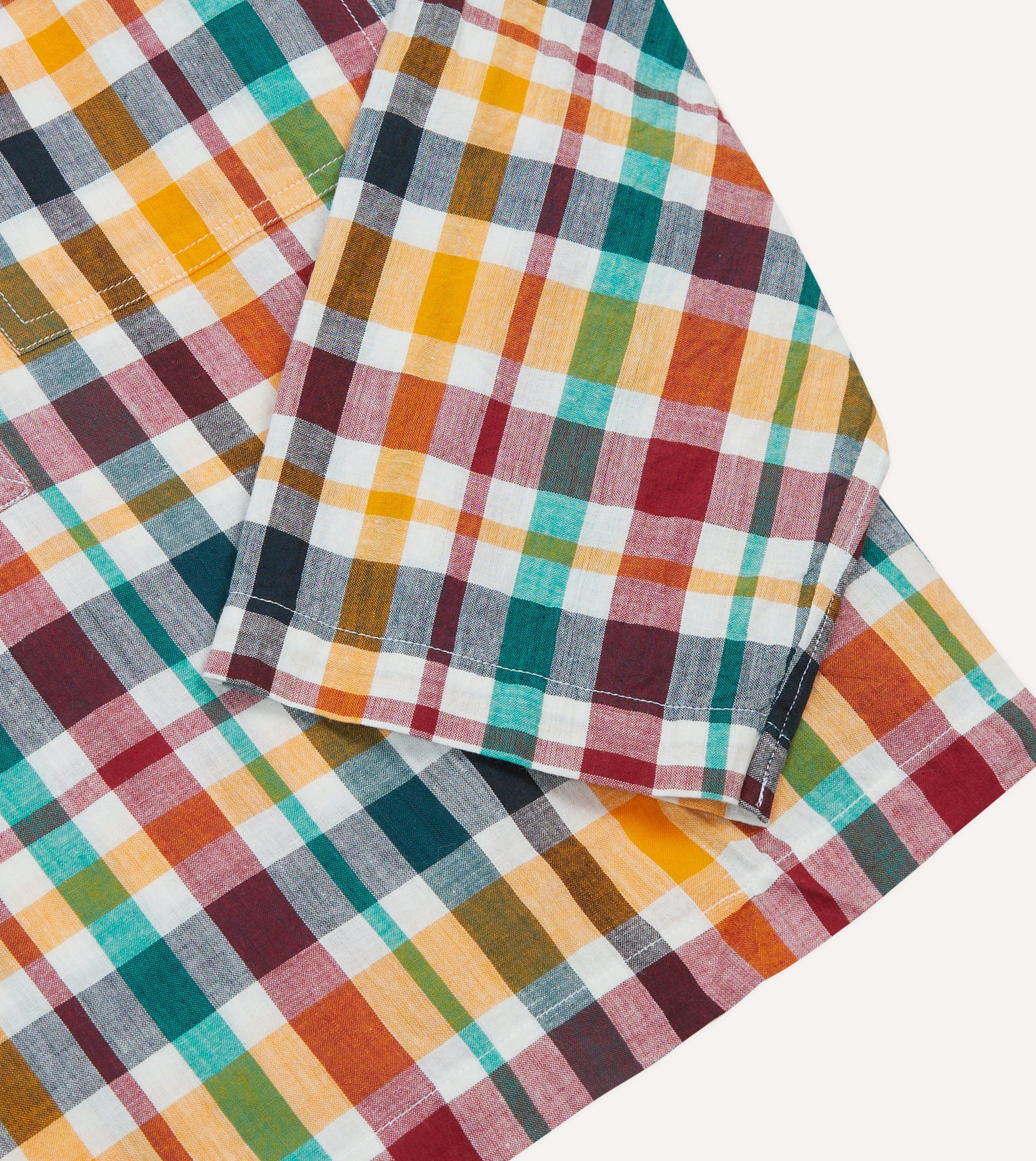 Red. Blue and Green Madras Check Cotton Mandarin Collar Popover Shirt - Image 5
