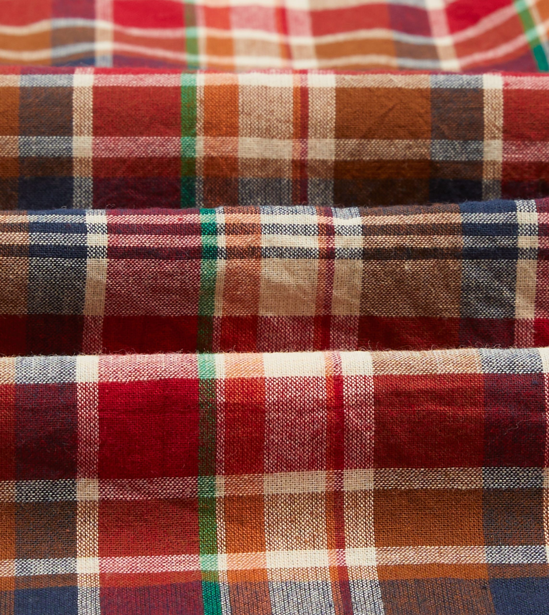 Brown. Navy and Red Madras Check Cotton Mandarin Collar Popover Shirt - Image 2