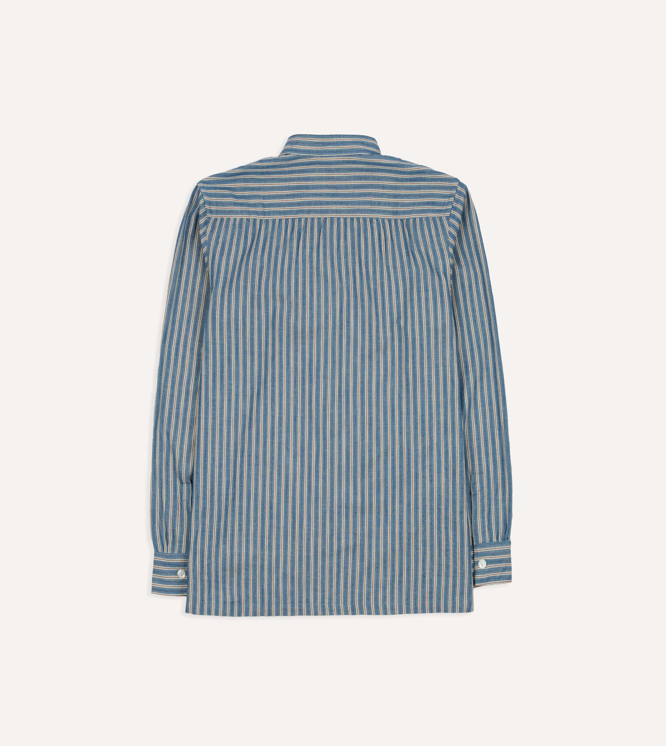 Indigo Stripe Cotton Mandarin Collar Popover Shirt - Image 5