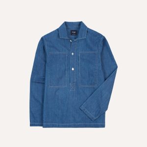 Blue Denim Spread Collar Popover Shirt