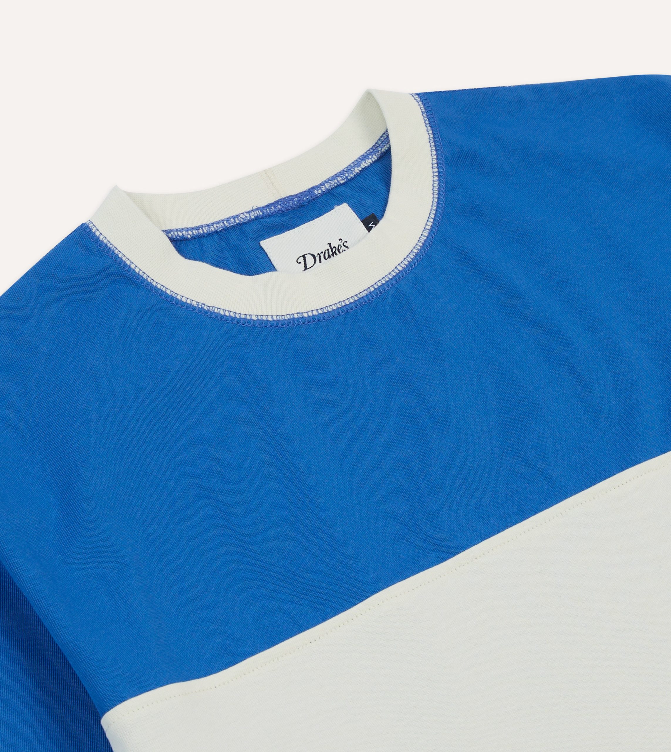 Blue and Ecru Panel Stripe Cotton Crew Neck Hiking T-Shirt - Image 3