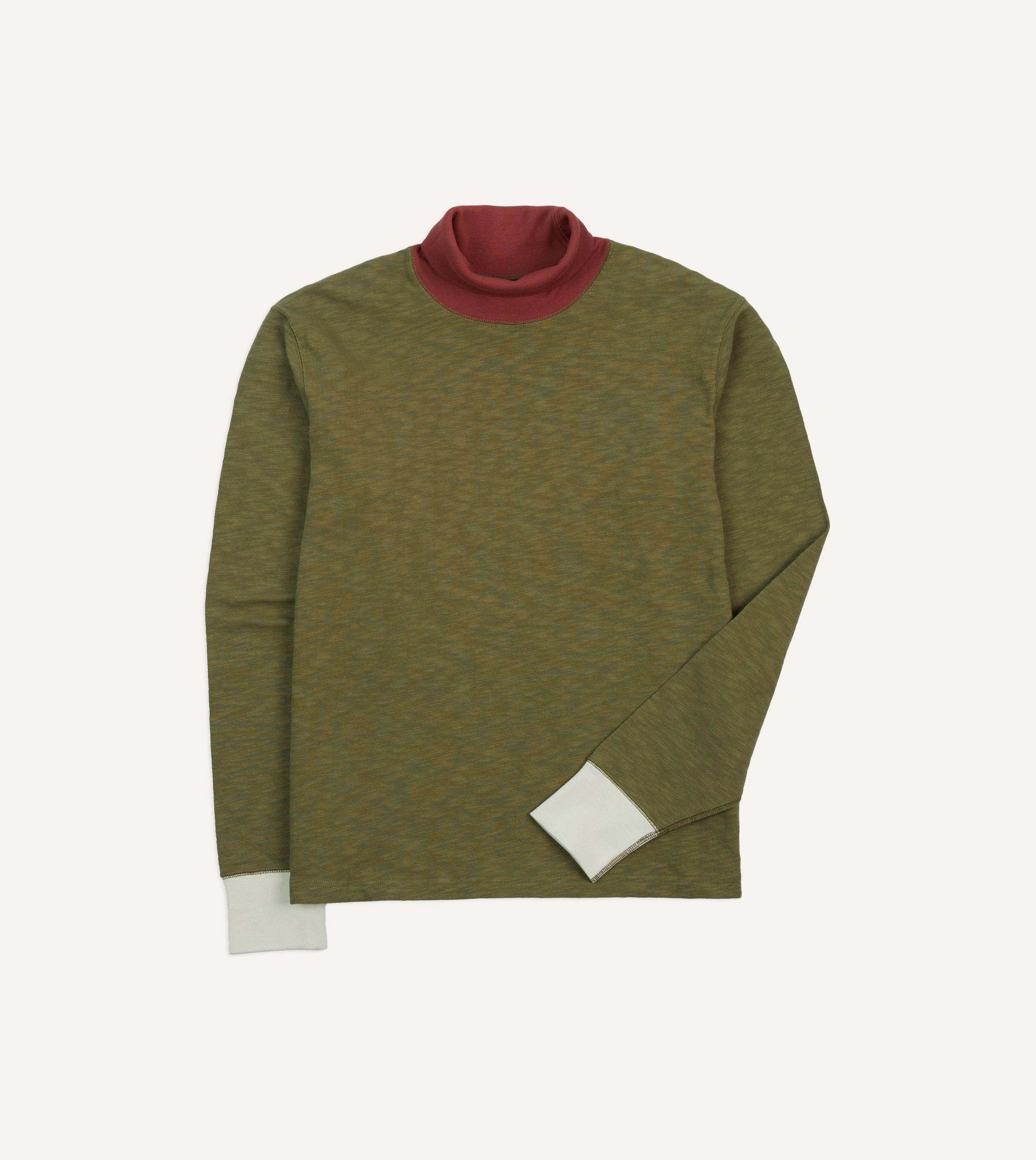 Khaki Cotton Long-Sleeve Roll Neck Hiking T-Shirt