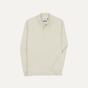 Ecru Pique Cotton Long-Sleeve Polo Shirt