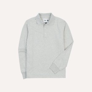 Grey Melange Jersey Cotton Long-Sleeve Polo Shirt