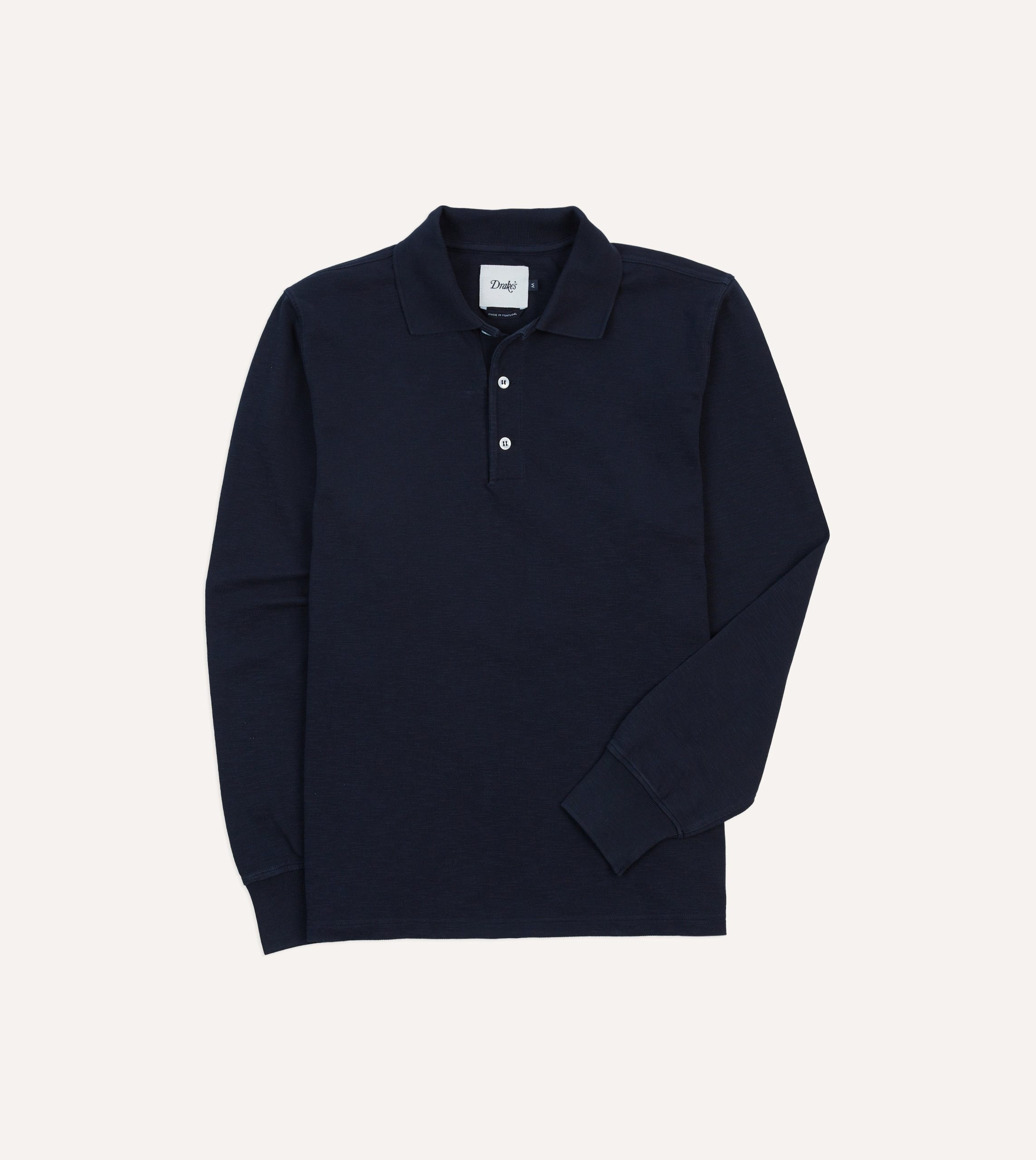 Navy Pique Cotton Long-Sleeve Polo Shirt
