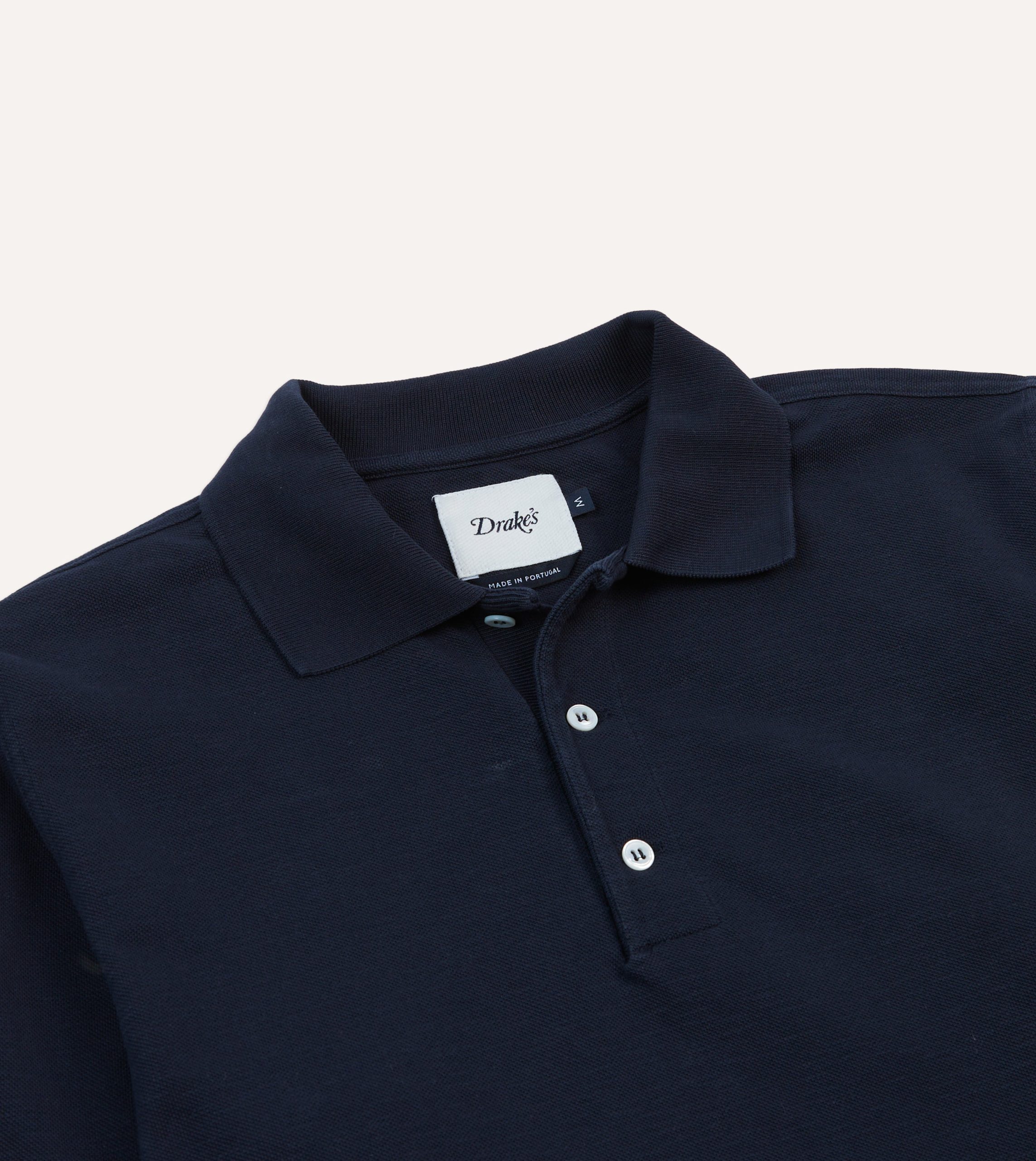 Navy Pique Cotton Long-Sleeve Polo Shirt - Image 3