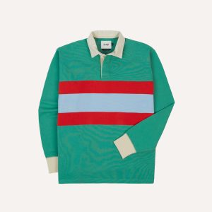 Green. Blue and Red Centre Stripe Cotton Rugby Shirt