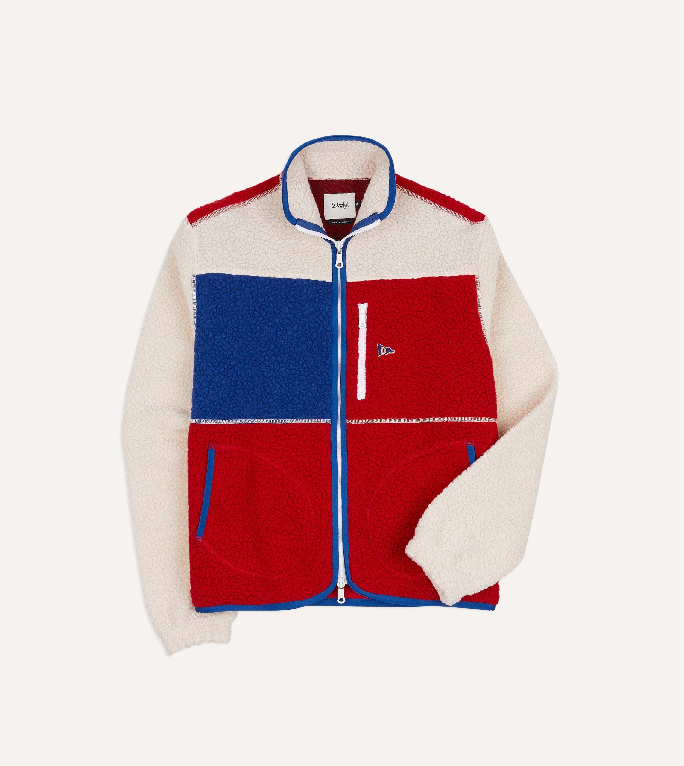 Ecru. Red and Blue Boucle Wool Zip Fleece Jacket