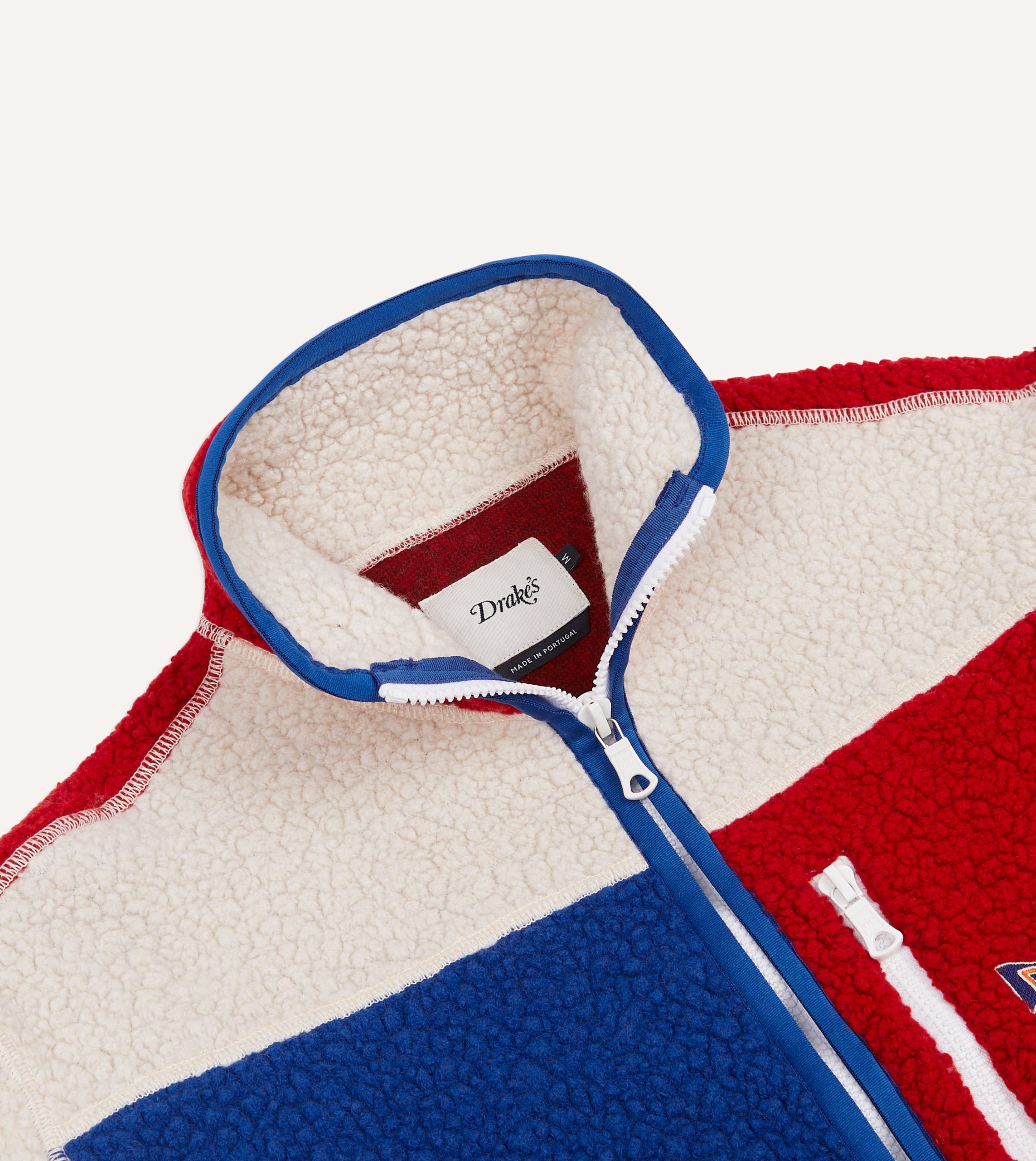 Ecru. Red and Blue Boucle Wool Zip Fleece Jacket - Image 3