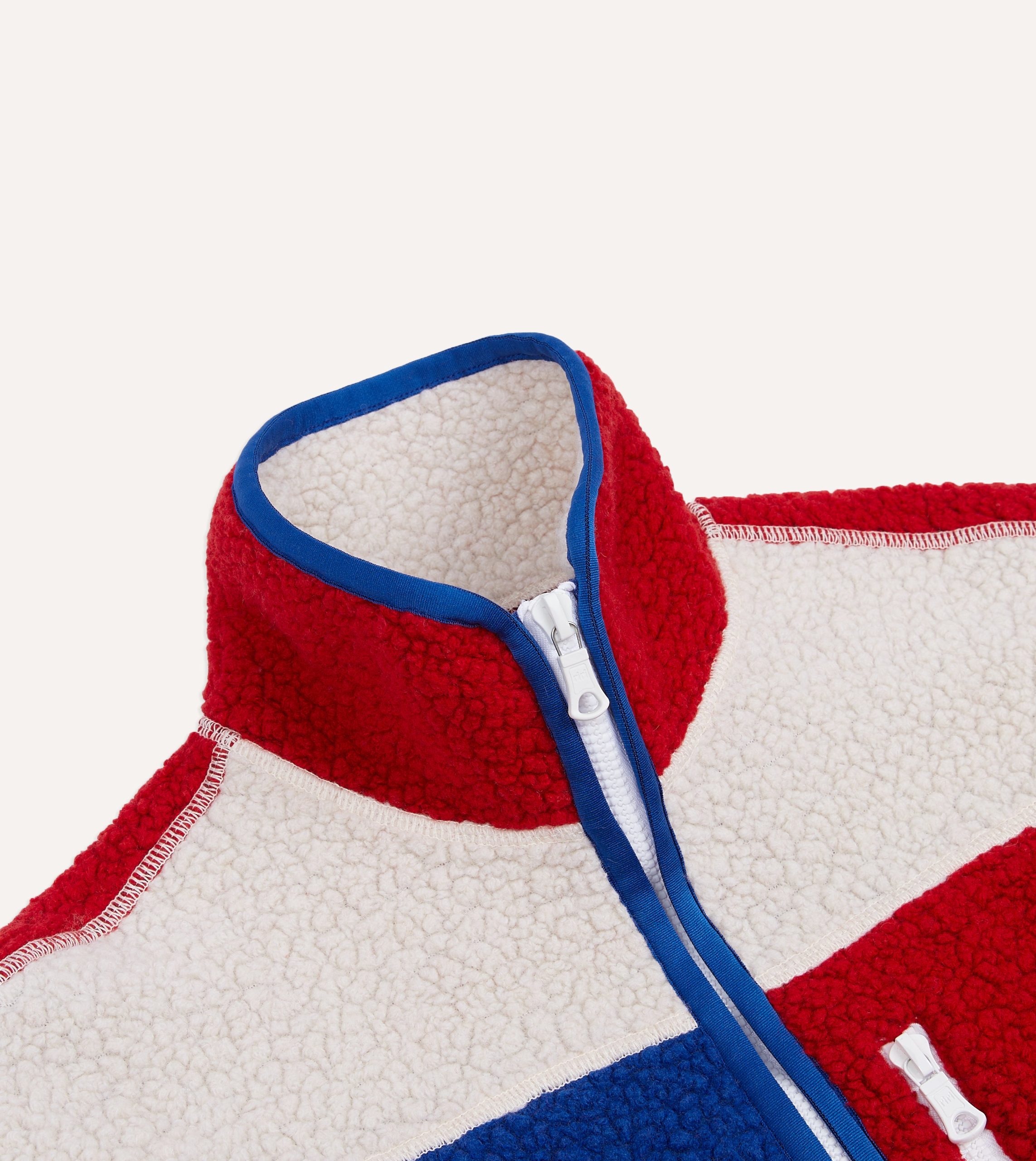 Ecru. Red and Blue Boucle Wool Zip Fleece Jacket - Image 4