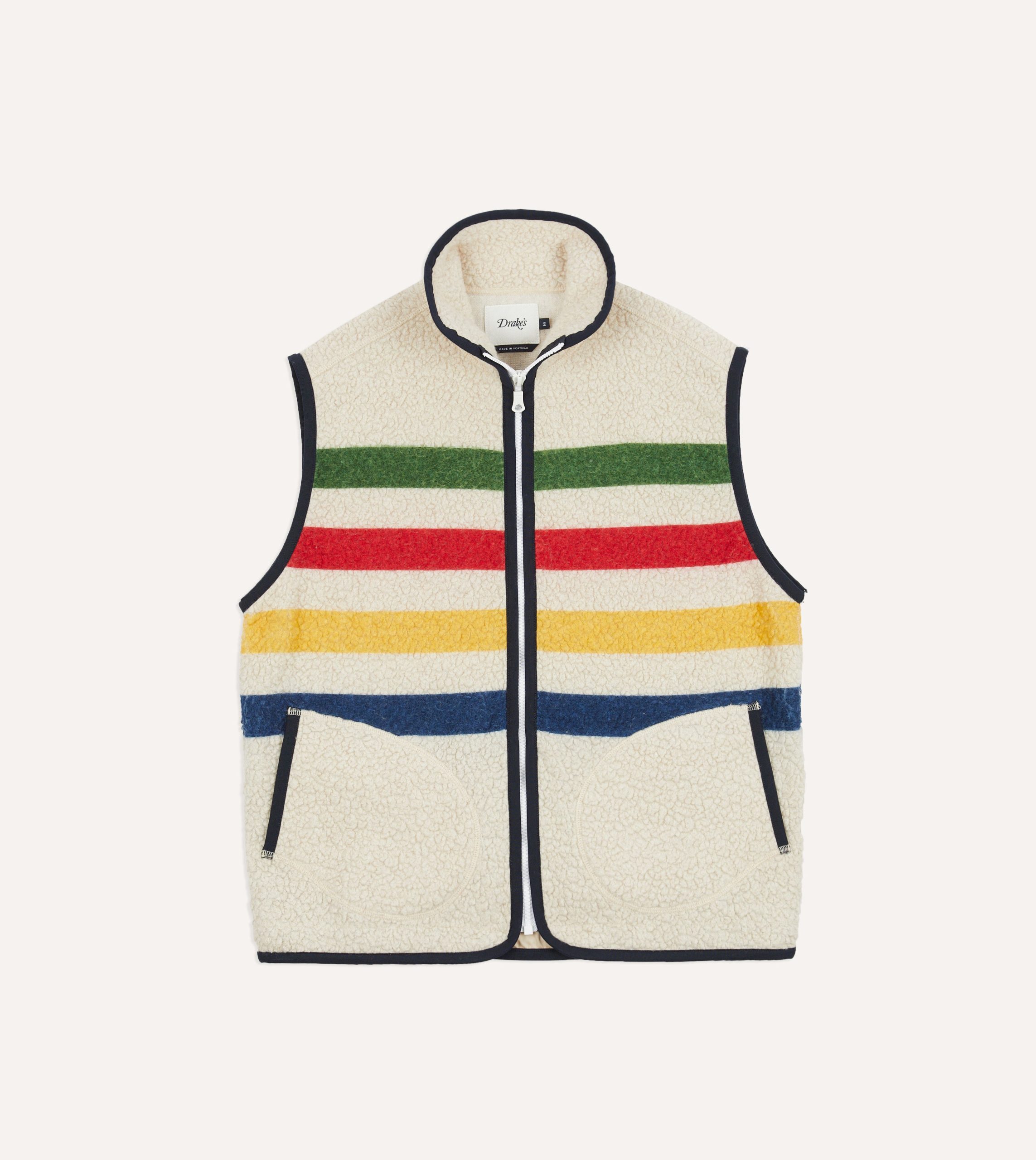 Ecru Stripe Boucle Wool Zip Fleece Vest