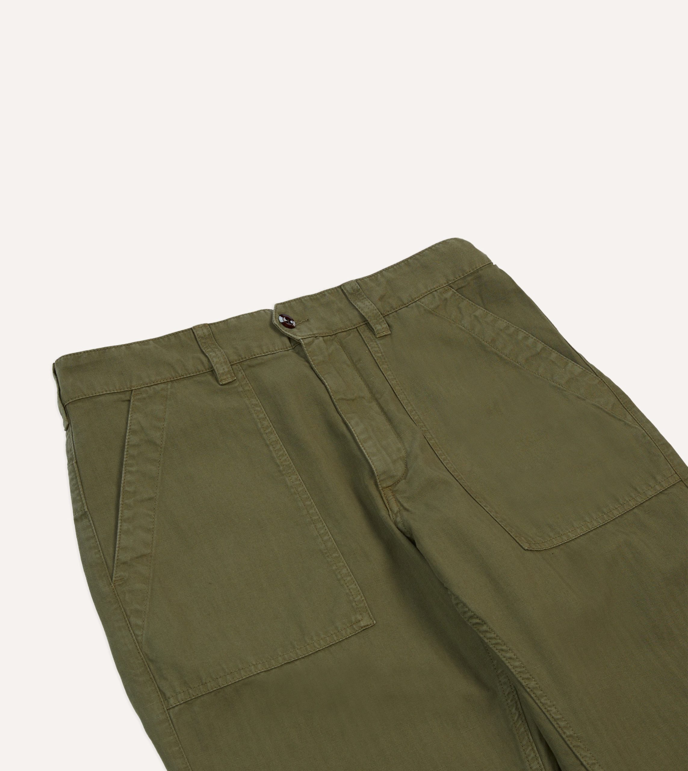 Olive Cotton-Linen Herringbone Fatigue Trouser - Image 4