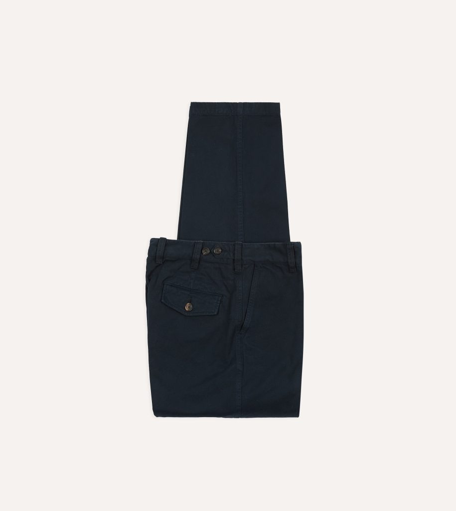 Navy Textured Cotton Flat Front Chino