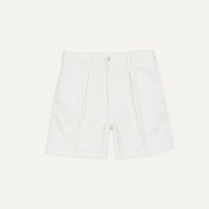 Washed Ecru Cotton Twill Single-Pleat Shorts