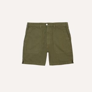 Olive Cotton-Linen Herringbone Fatigue Shorts