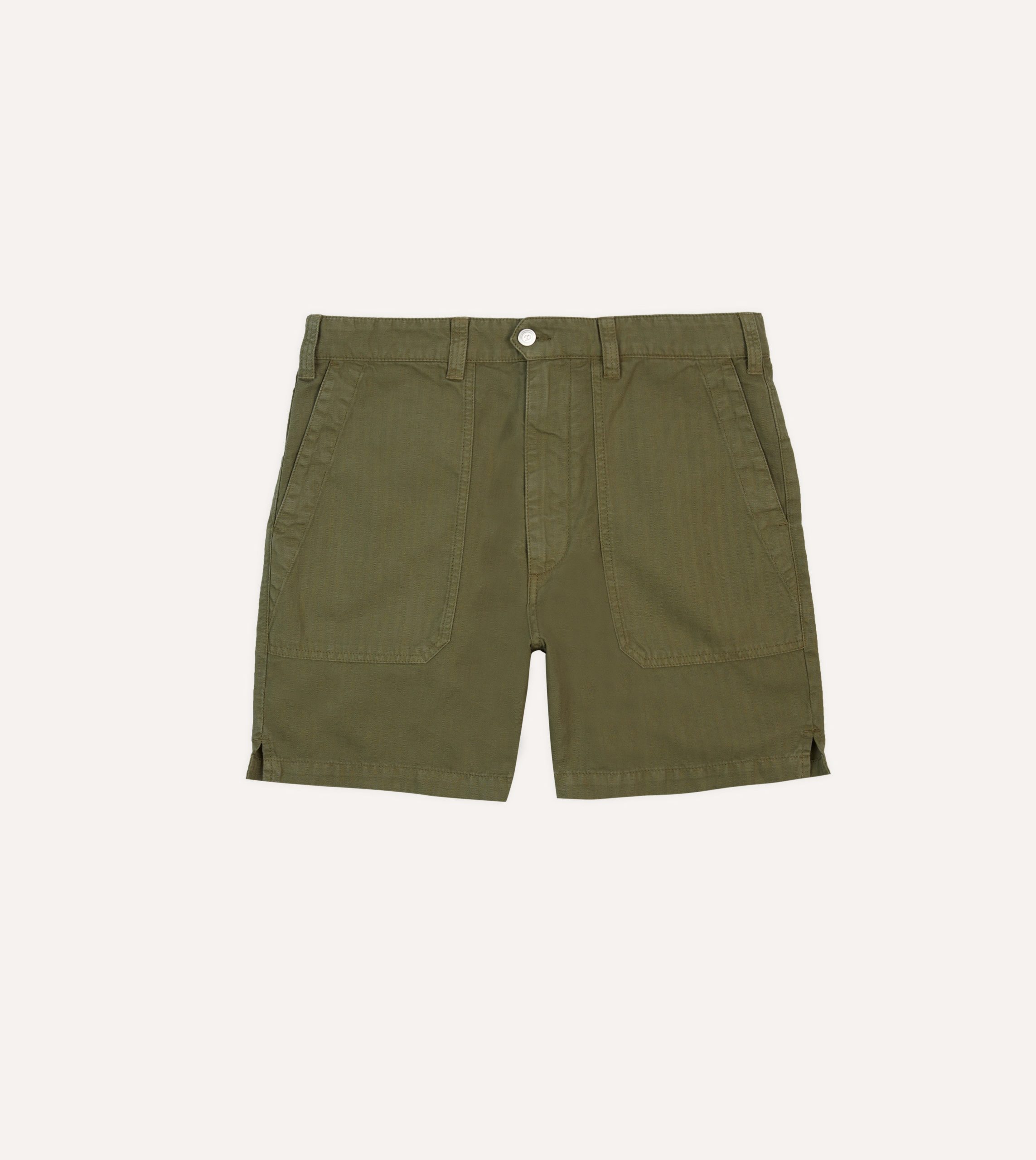 Olive Cotton-Linen Herringbone Fatigue Shorts
