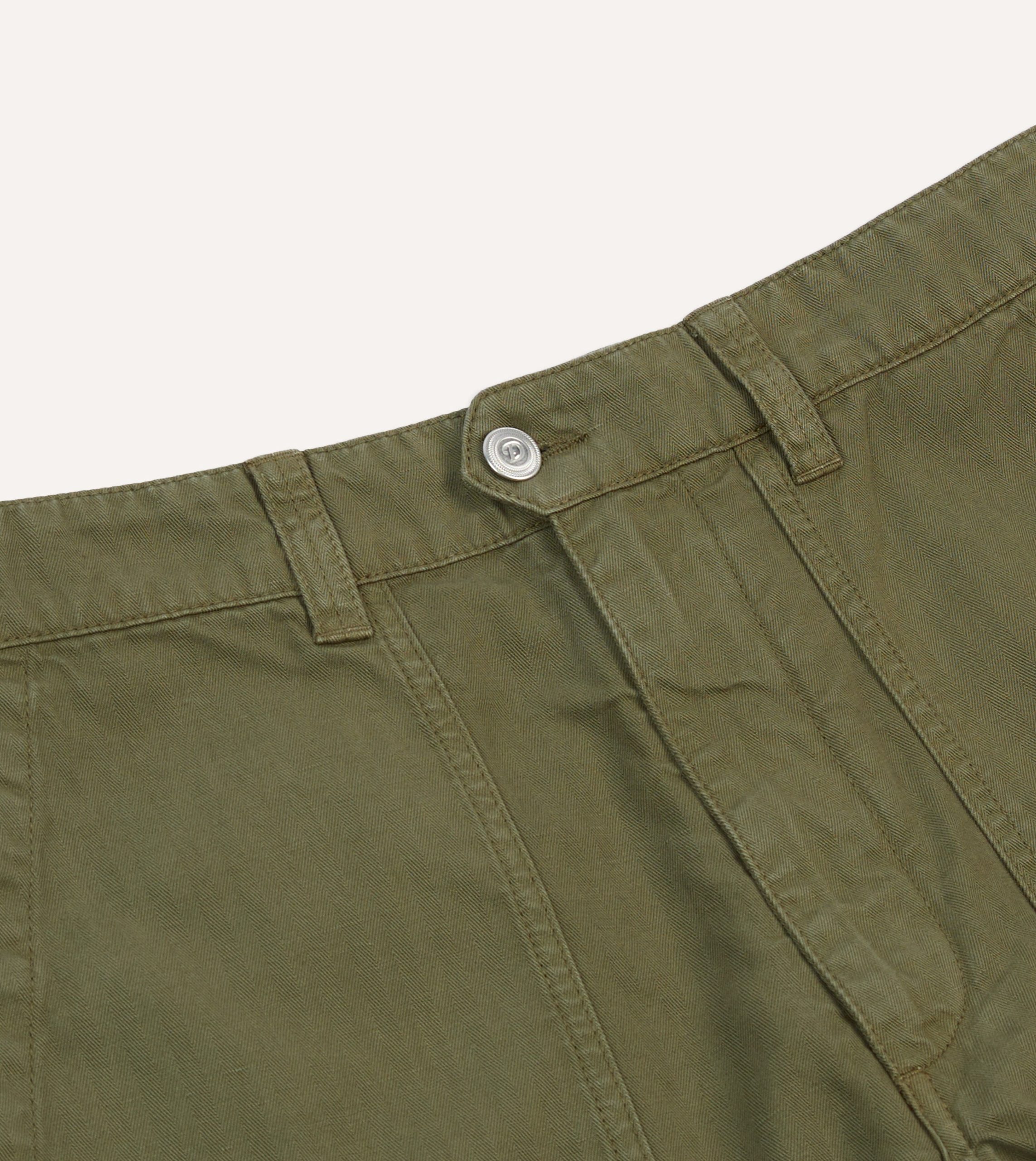 Olive Cotton-Linen Herringbone Fatigue Shorts - Image 3