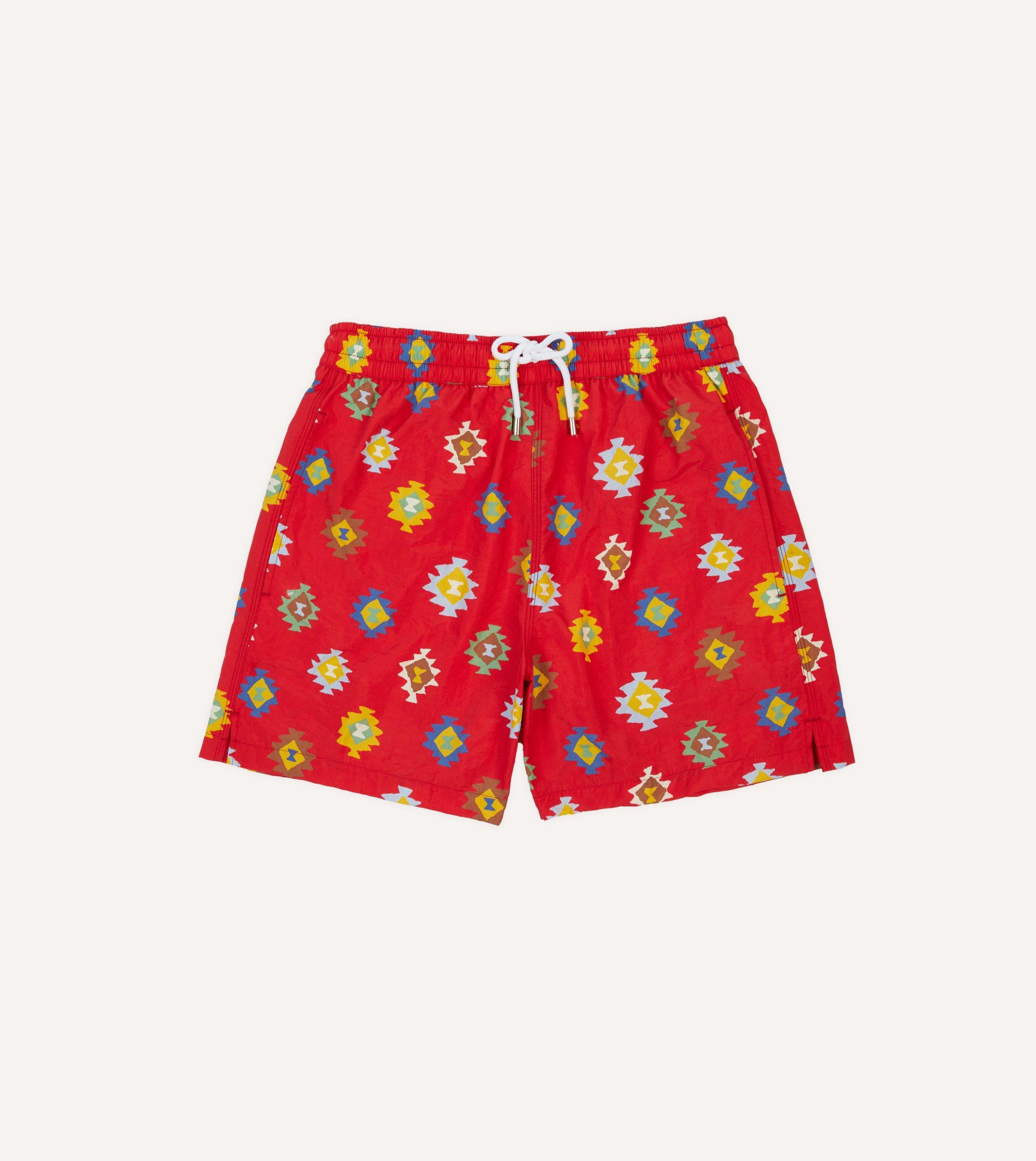 Red Kilim Print Nylon Drawstring Swim Shorts